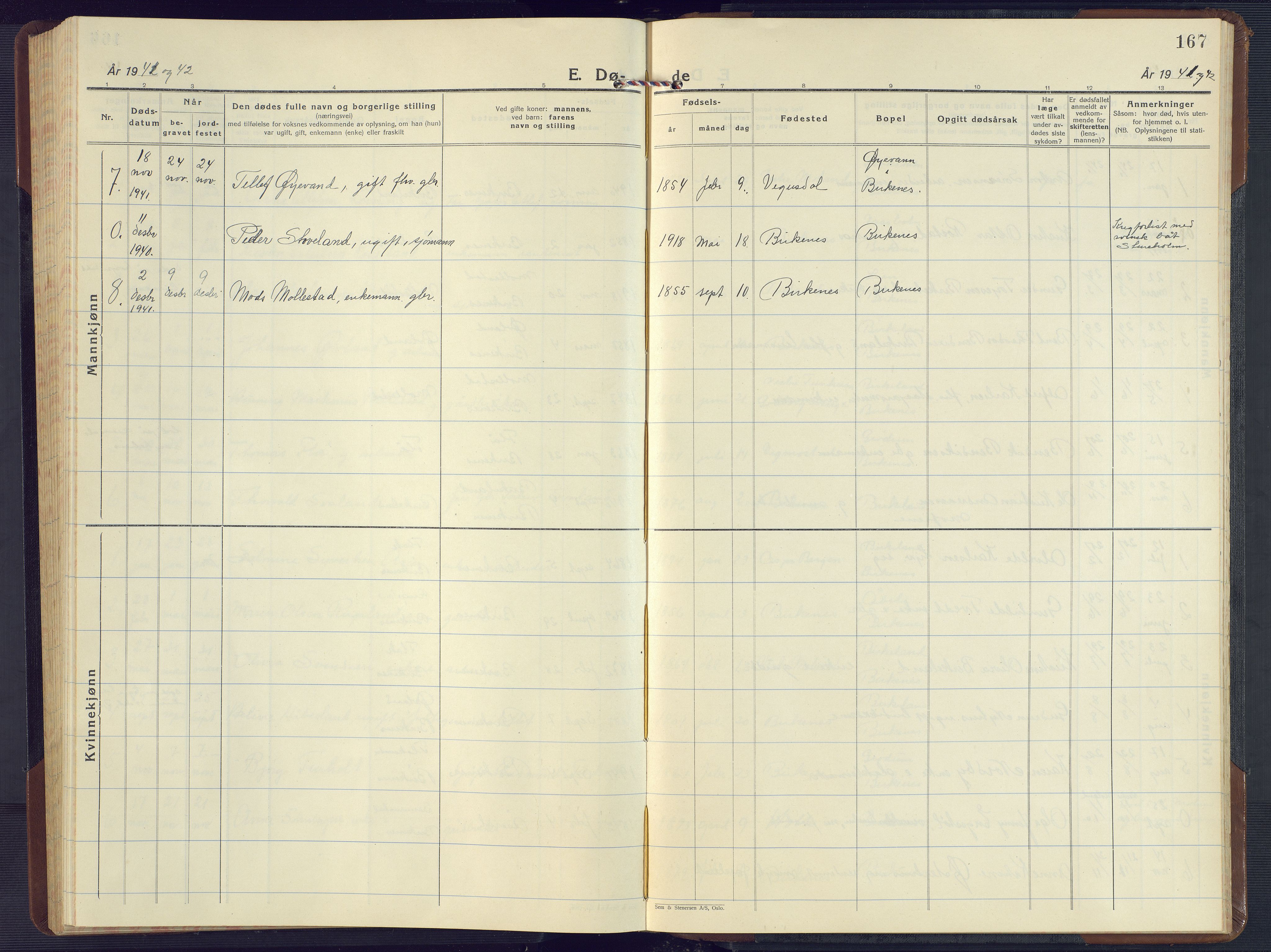 Birkenes sokneprestkontor, SAK/1111-0004/F/Fb/L0005: Parish register (copy) no. B 5, 1930-1957, p. 167
