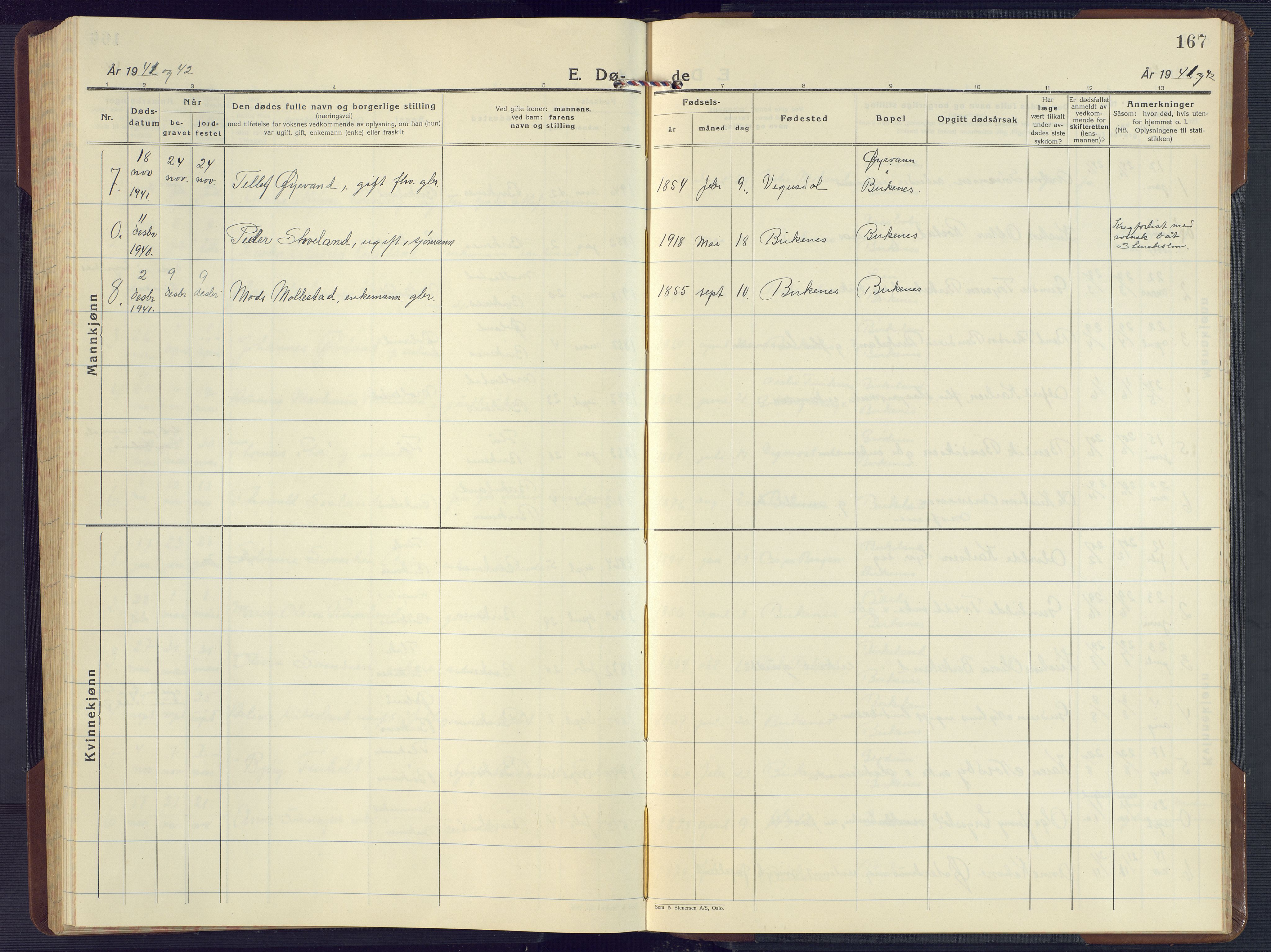 Birkenes sokneprestkontor, AV/SAK-1111-0004/F/Fb/L0005: Parish register (copy) no. B 5, 1930-1957, p. 167