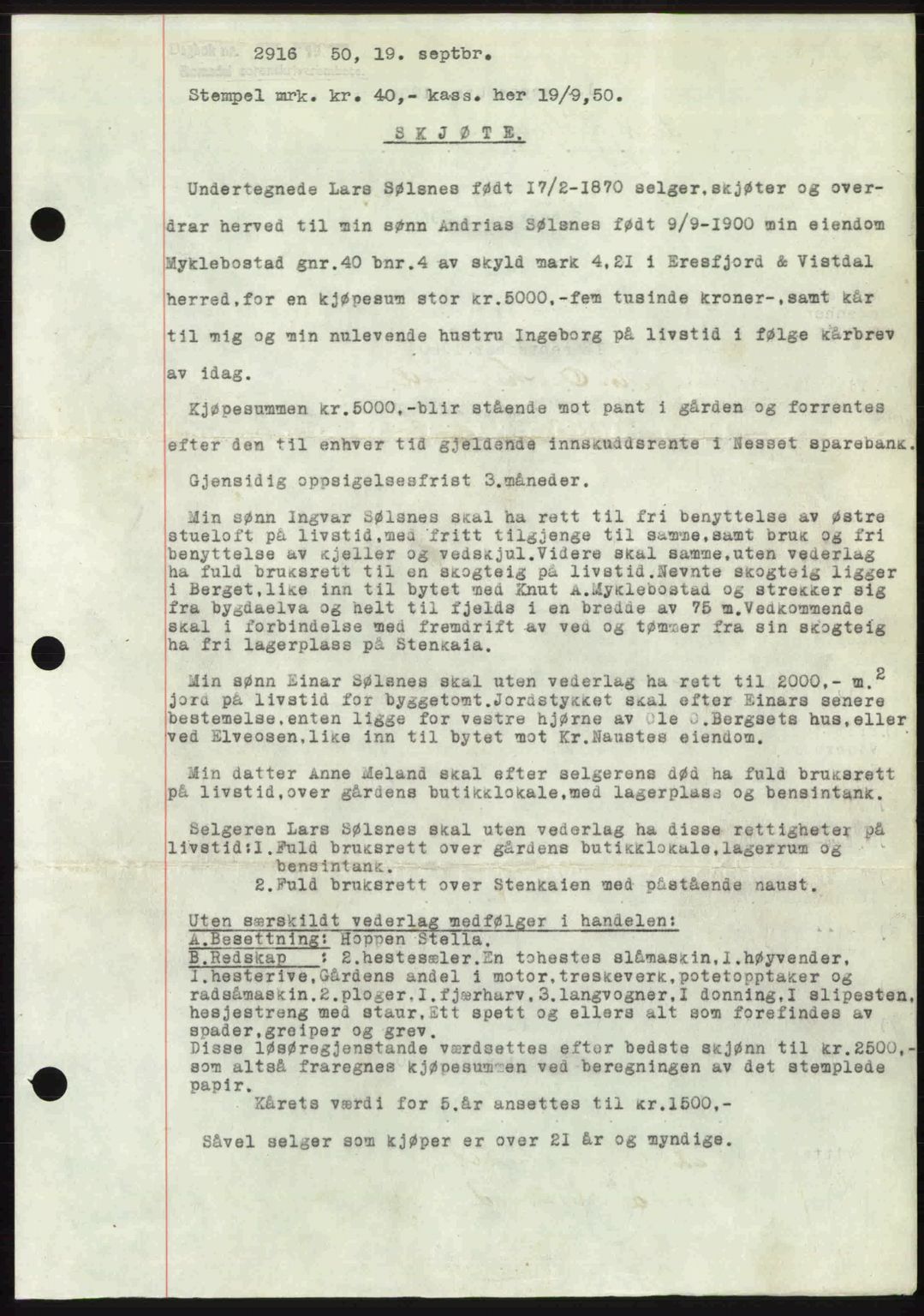 Romsdal sorenskriveri, AV/SAT-A-4149/1/2/2C: Mortgage book no. A34, 1950-1950, Diary no: : 2916/1950