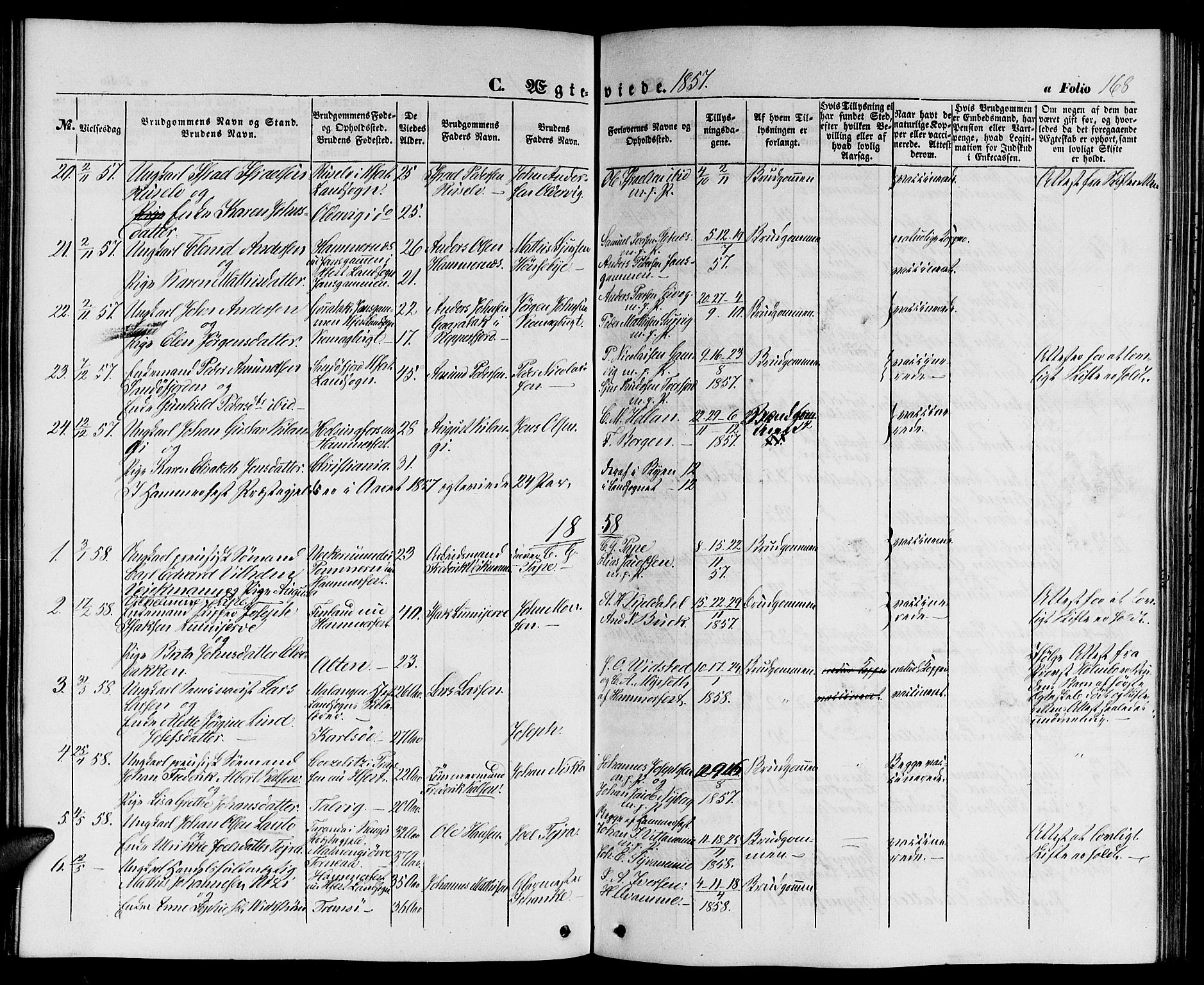 Hammerfest sokneprestkontor, AV/SATØ-S-1347/H/Hb/L0002.klokk: Parish register (copy) no. 2, 1851-1861, p. 168