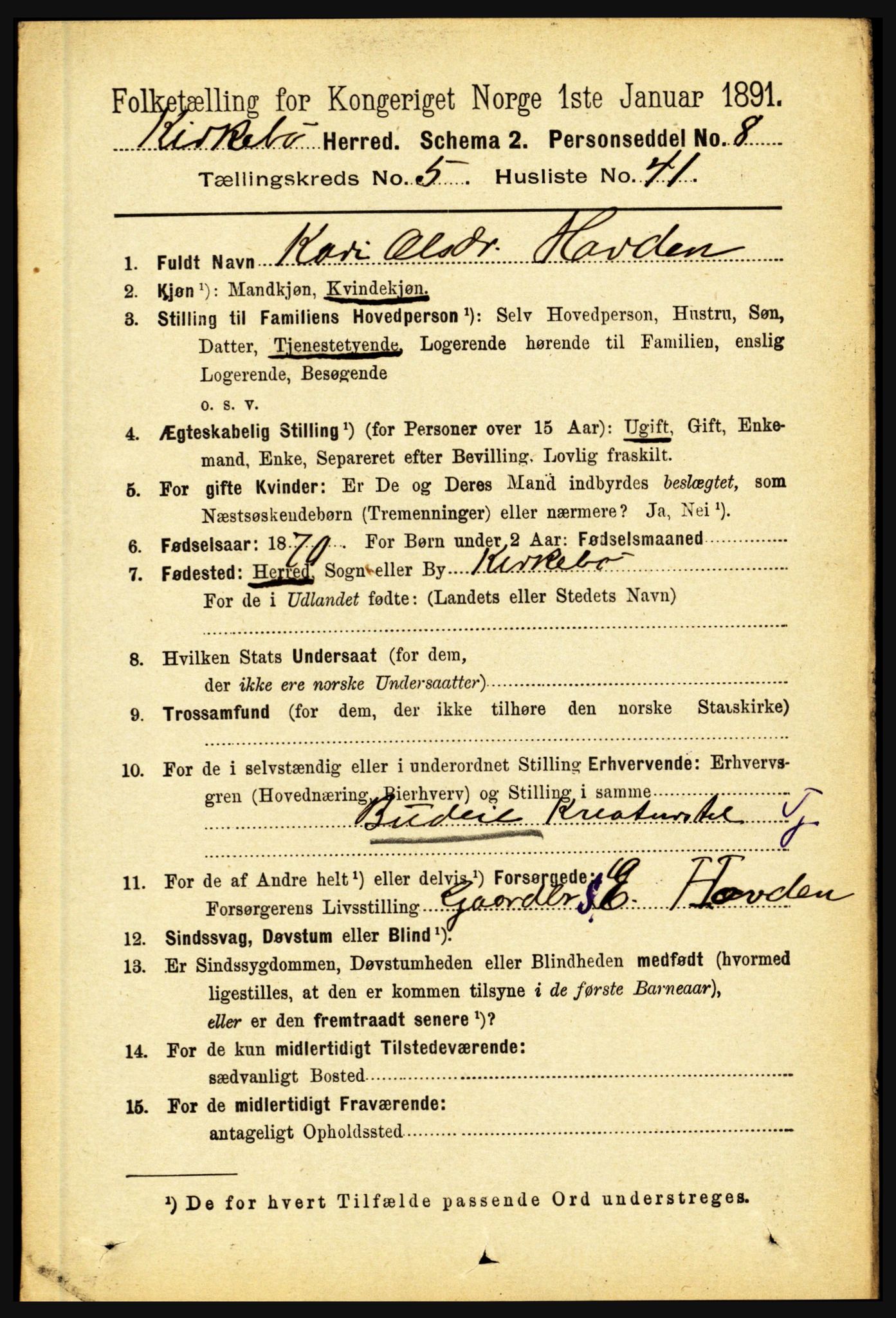 RA, 1891 census for 1416 Kyrkjebø, 1891, p. 1305