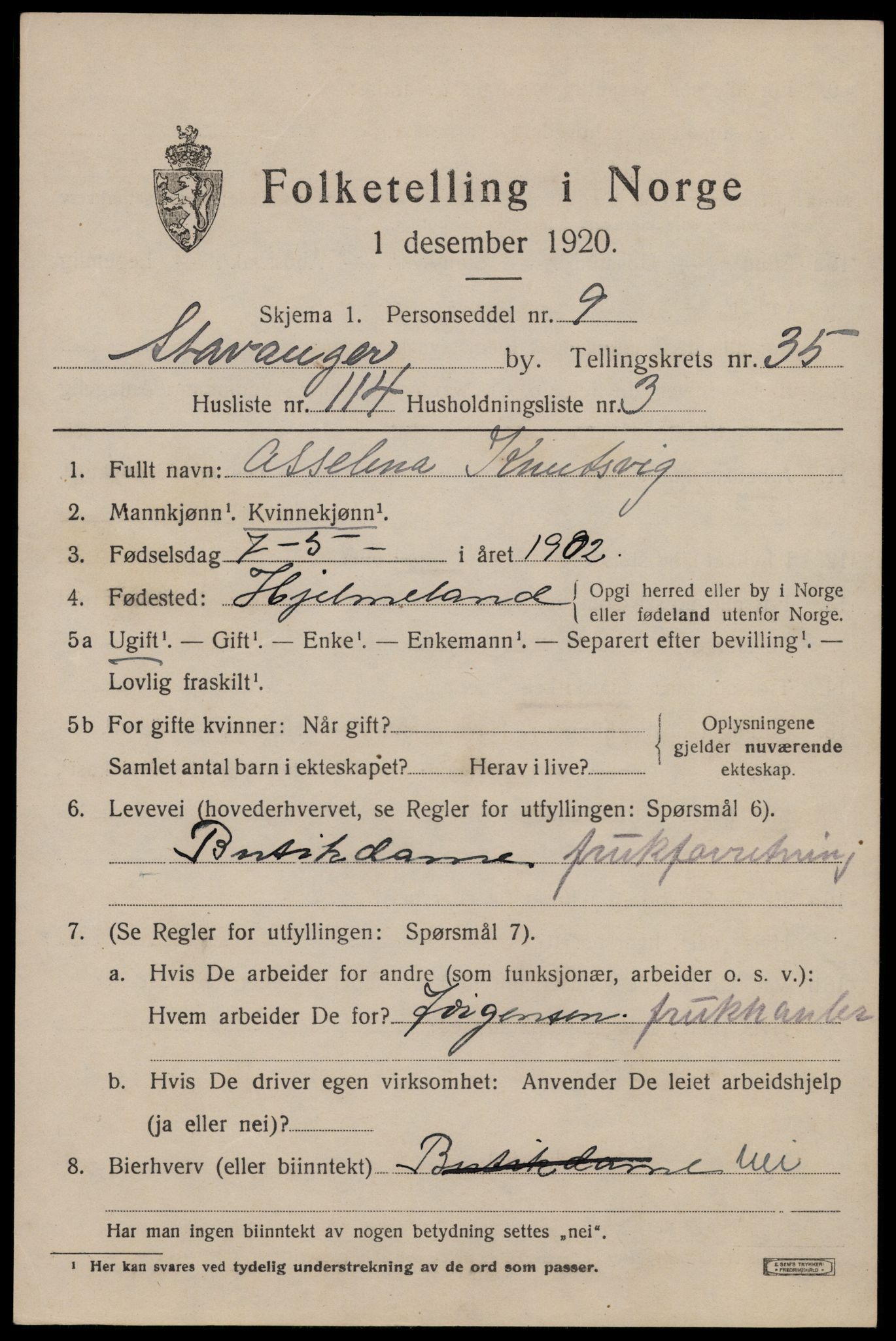 SAST, 1920 census for Stavanger, 1920, p. 95626