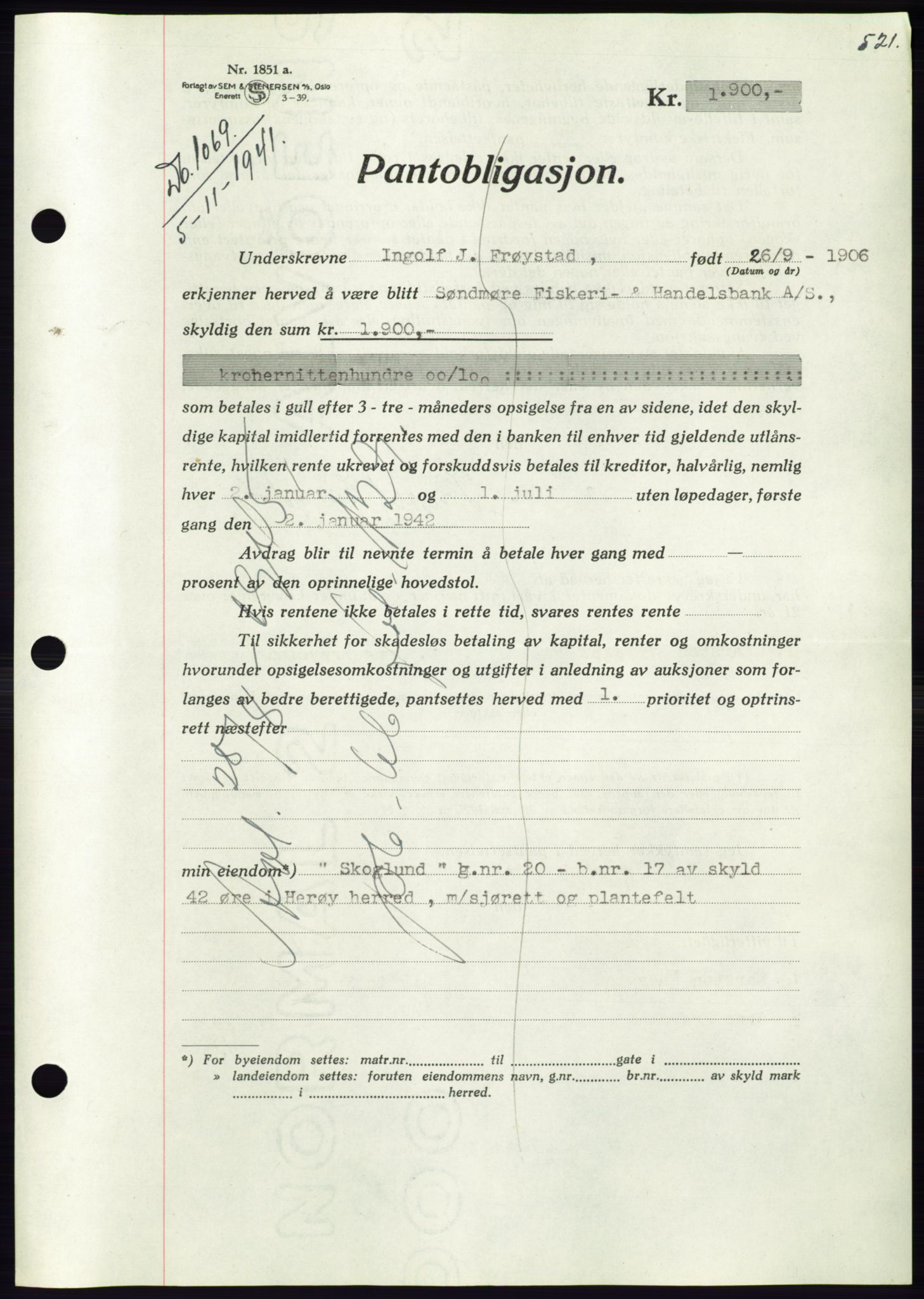 Søre Sunnmøre sorenskriveri, AV/SAT-A-4122/1/2/2C/L0071: Mortgage book no. 65, 1941-1941, Diary no: : 1069/1941