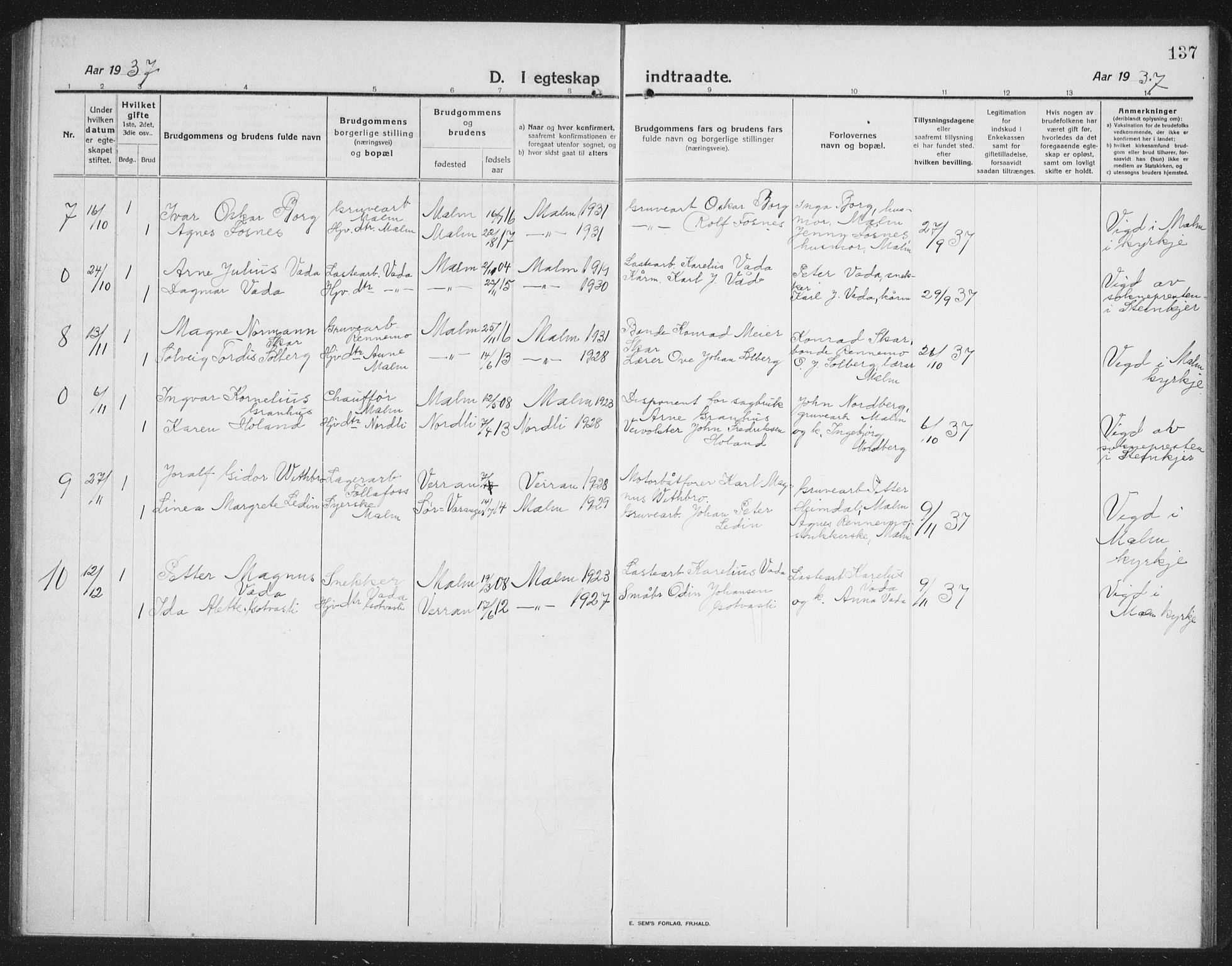 Ministerialprotokoller, klokkerbøker og fødselsregistre - Nord-Trøndelag, SAT/A-1458/745/L0434: Parish register (copy) no. 745C03, 1914-1937, p. 137