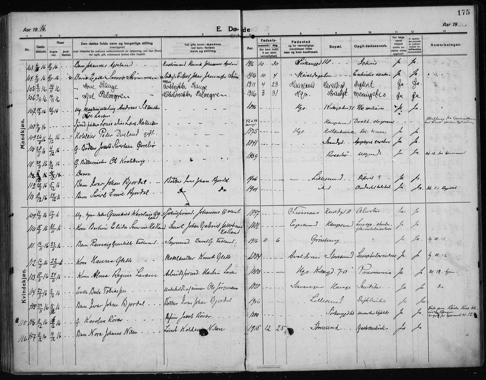 Haugesund sokneprestkontor, AV/SAST-A -101863/H/Ha/Haa/L0009: Parish register (official) no. A 9, 1914-1929, p. 175