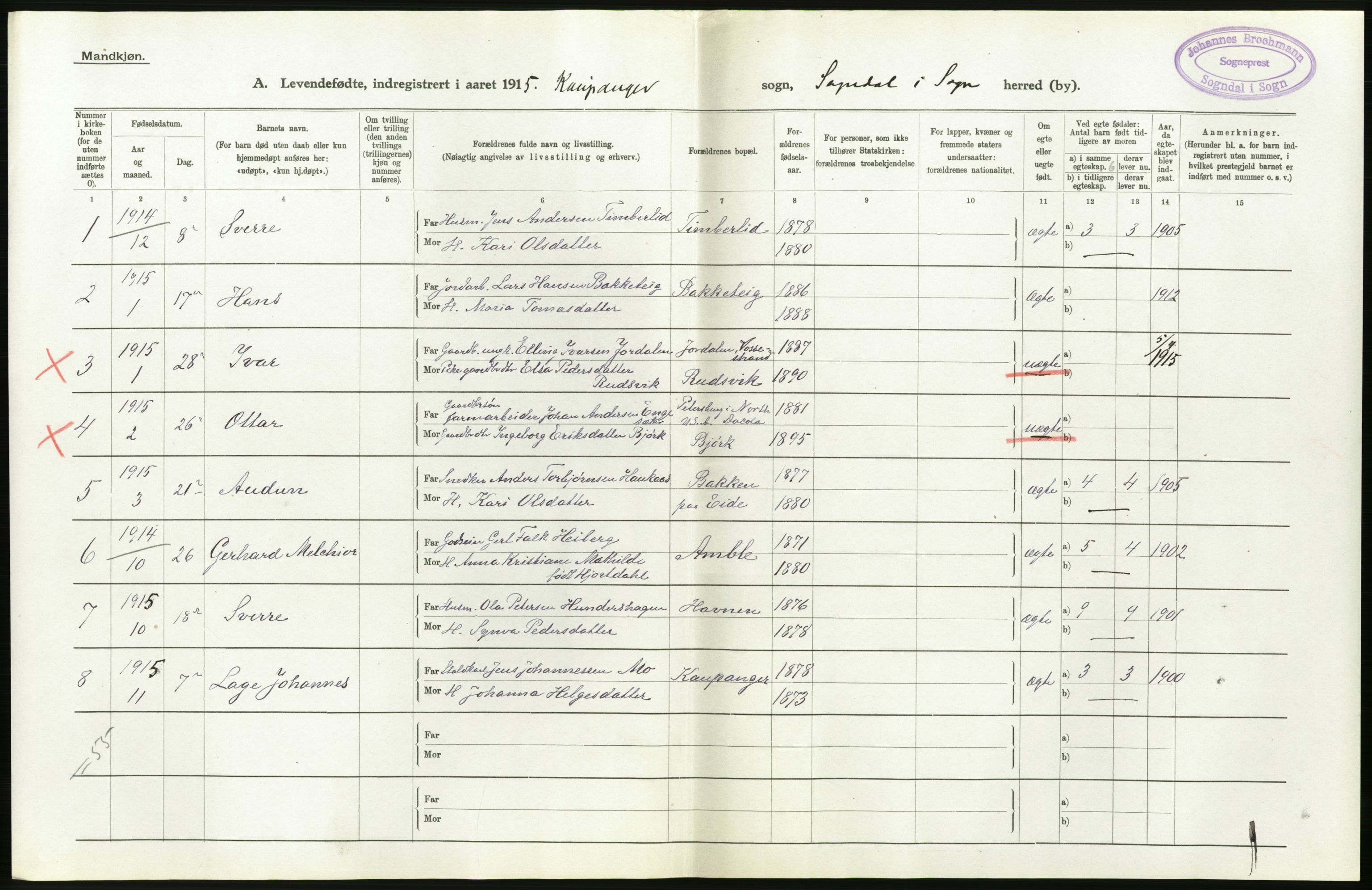 Statistisk sentralbyrå, Sosiodemografiske emner, Befolkning, AV/RA-S-2228/D/Df/Dfb/Dfbe/L0035: N. Bergenhus amt: Levendefødte menn og kvinner, samt gifte. Bygder., 1915, p. 48