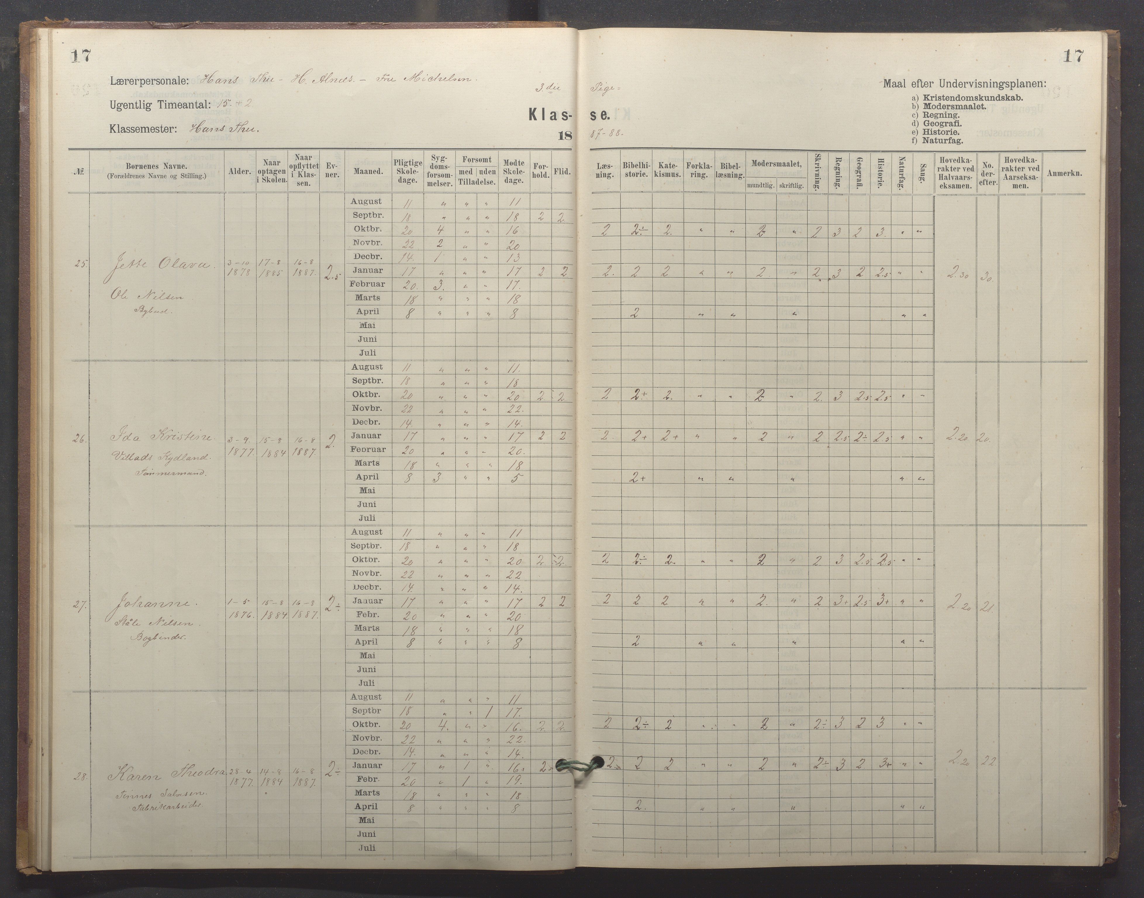 Egersund kommune (Ladested) - Egersund almueskole/folkeskole, IKAR/K-100521/H/L0024: Skoleprotokoll - Almueskolen, 3. klasse, 1887-1892, p. 17