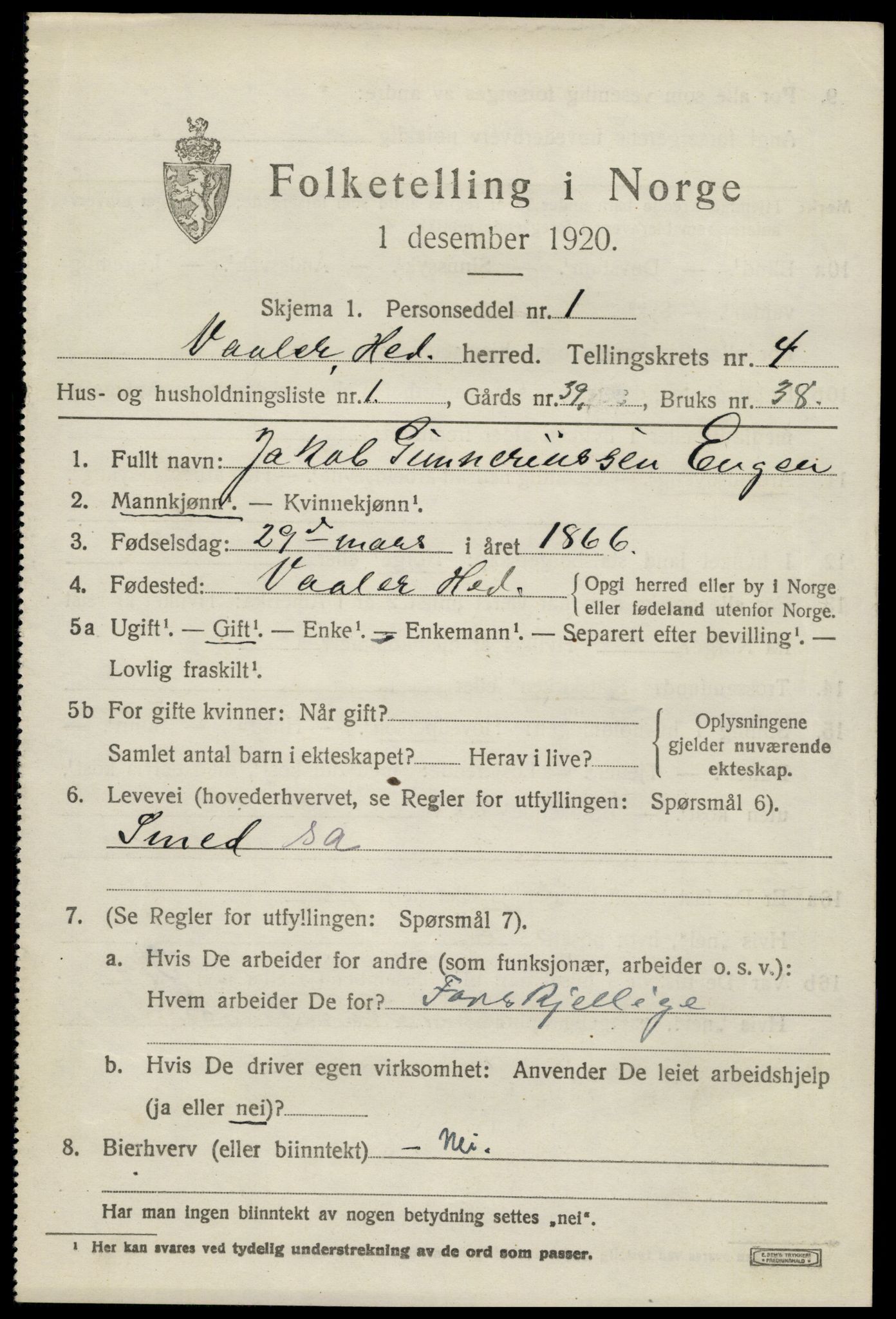 SAH, 1920 census for Våler (Hedmark), 1920, p. 4443