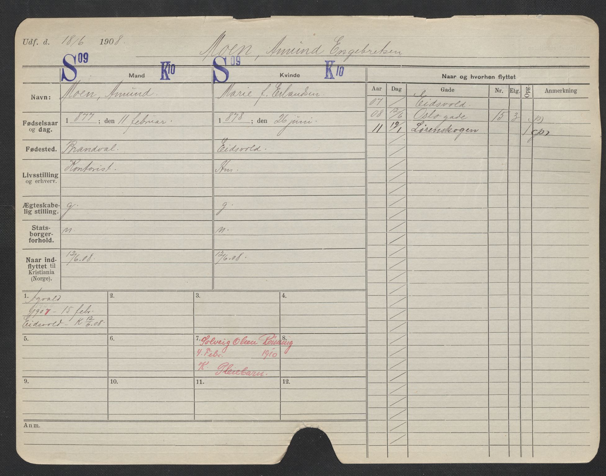 Oslo folkeregister, Registerkort, SAO/A-11715/F/Fa/Fac/L0007: Menn, 1906-1914, p. 826a