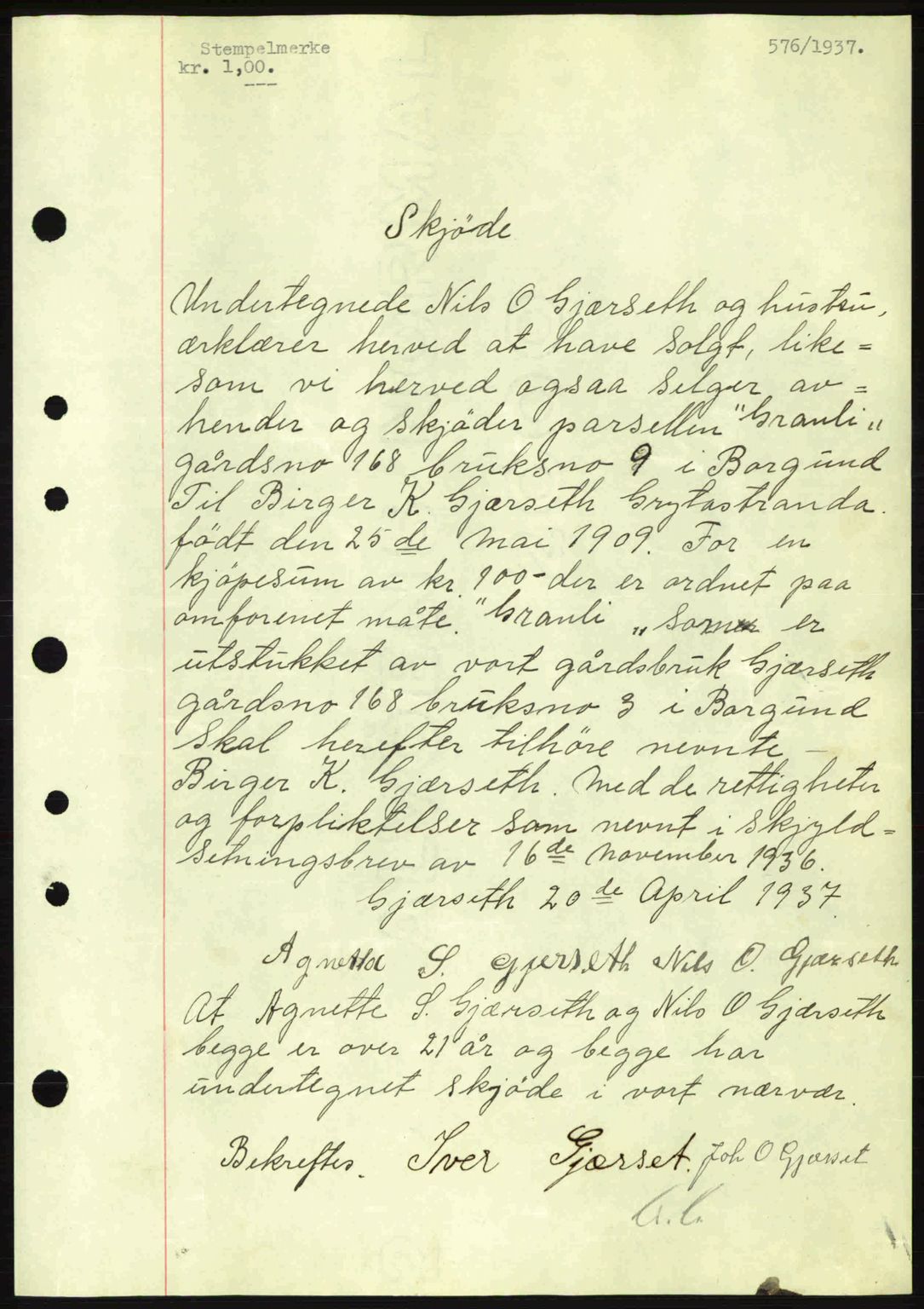 Nordre Sunnmøre sorenskriveri, AV/SAT-A-0006/1/2/2C/2Ca: Mortgage book no. A2, 1936-1937, Diary no: : 576/1937