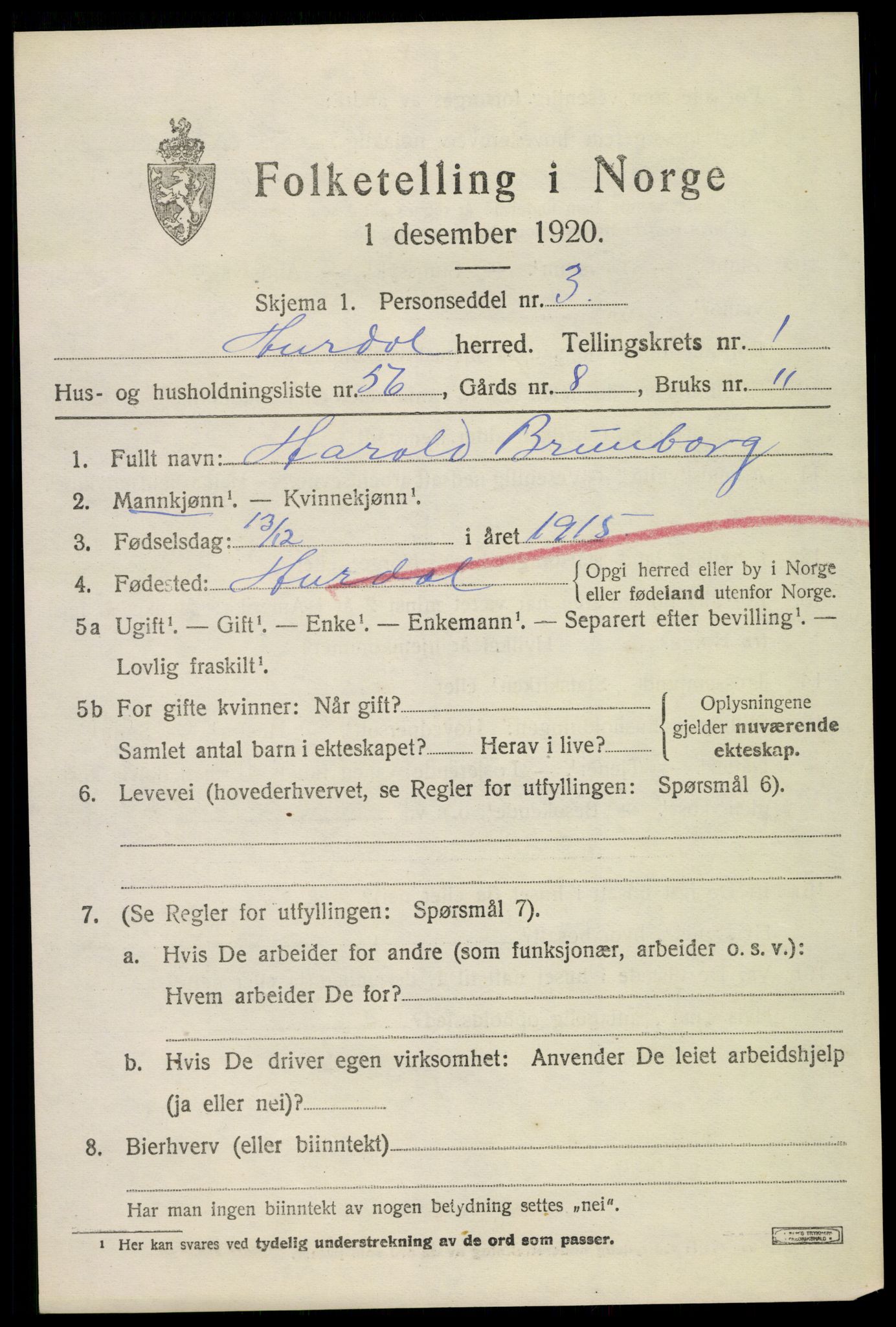 SAO, 1920 census for Hurdal, 1920, p. 1280