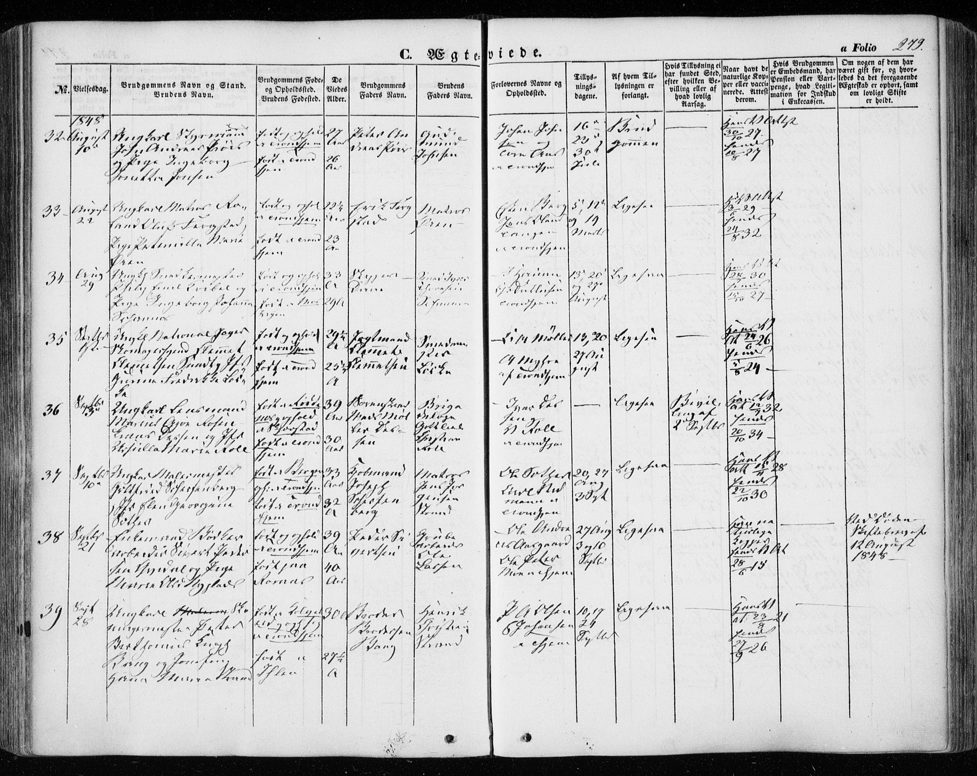 Ministerialprotokoller, klokkerbøker og fødselsregistre - Sør-Trøndelag, SAT/A-1456/601/L0051: Parish register (official) no. 601A19, 1848-1857, p. 279