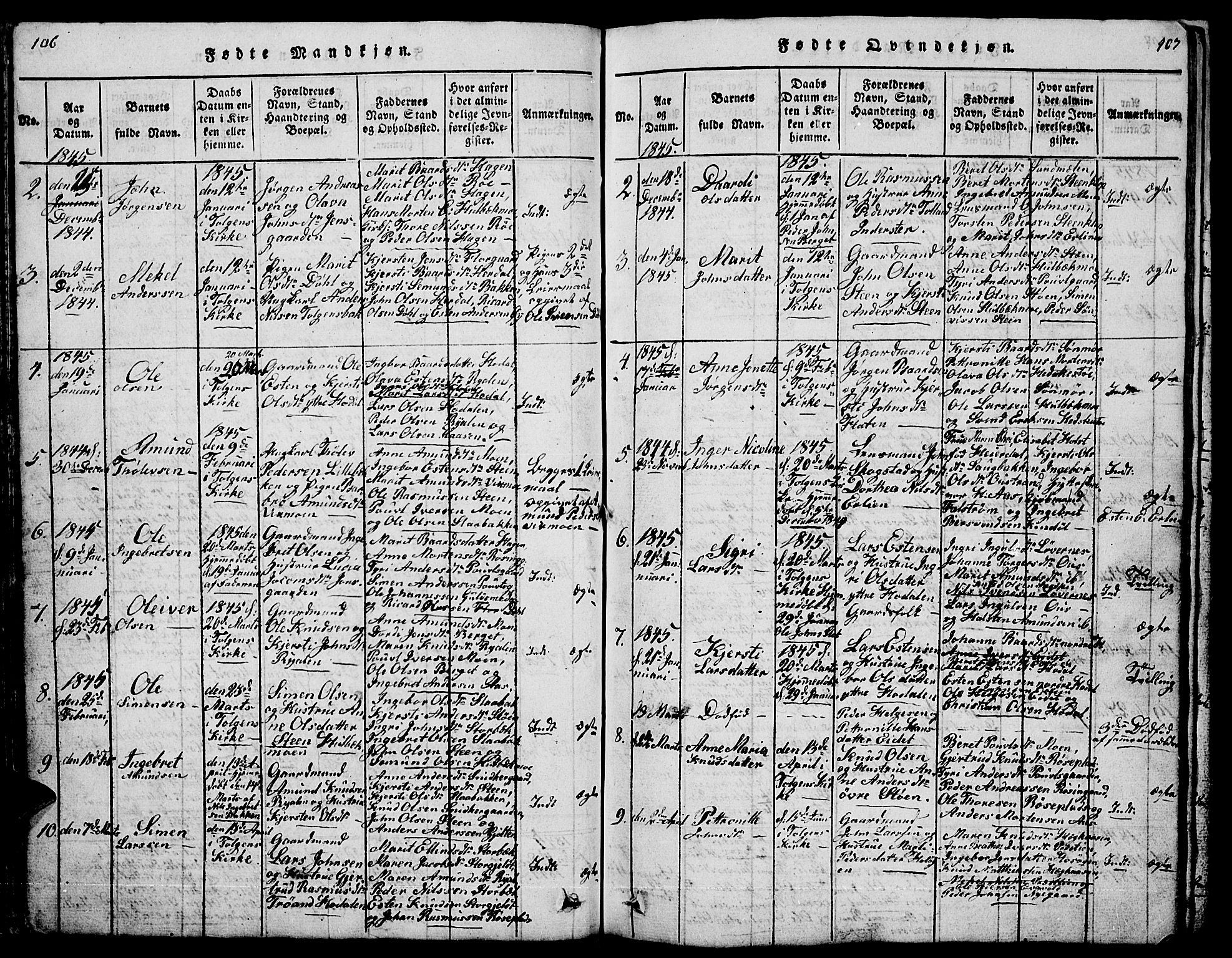 Tolga prestekontor, AV/SAH-PREST-062/L/L0001: Parish register (copy) no. 1, 1814-1877, p. 106-107