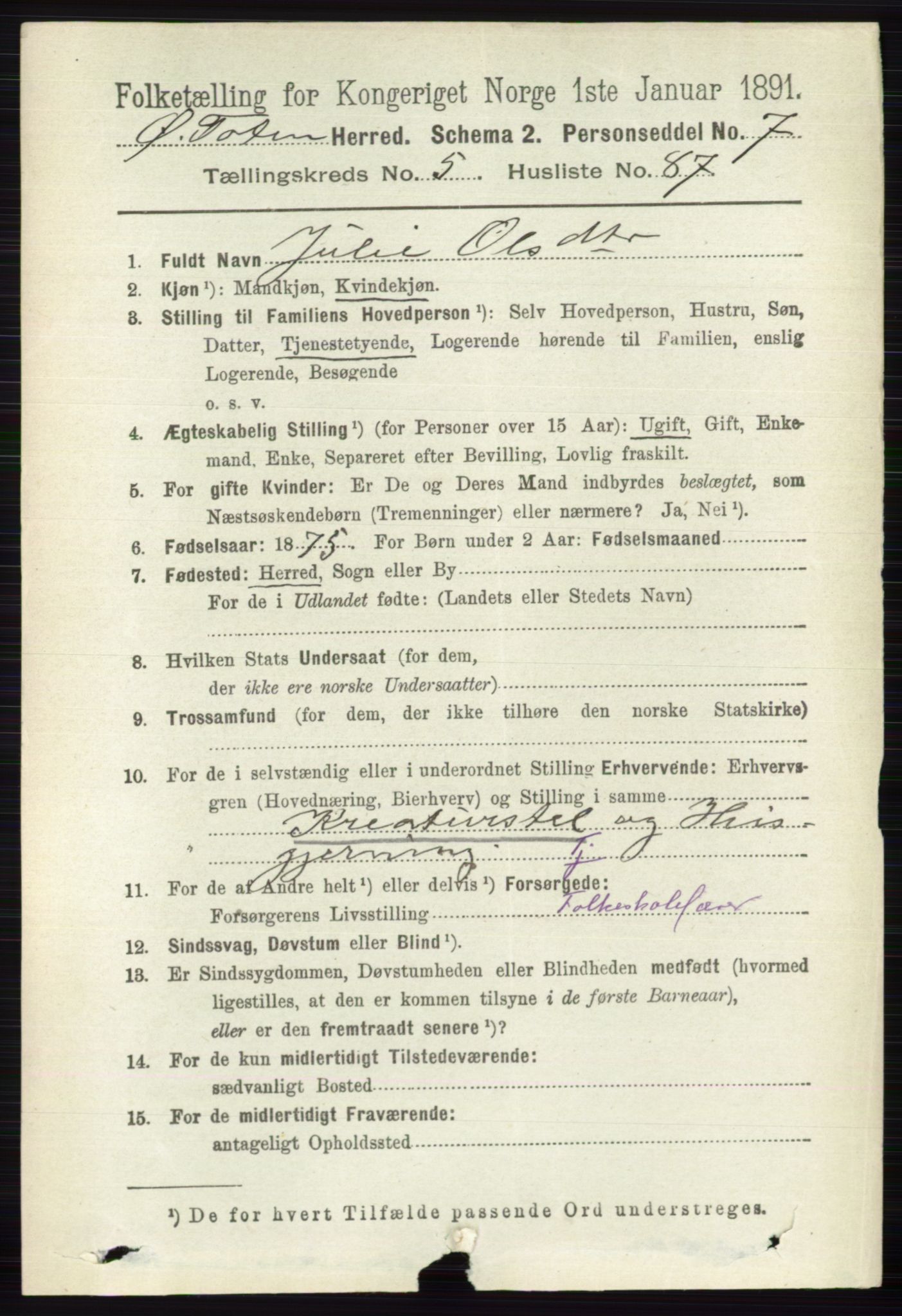 RA, 1891 census for 0528 Østre Toten, 1891, p. 3672