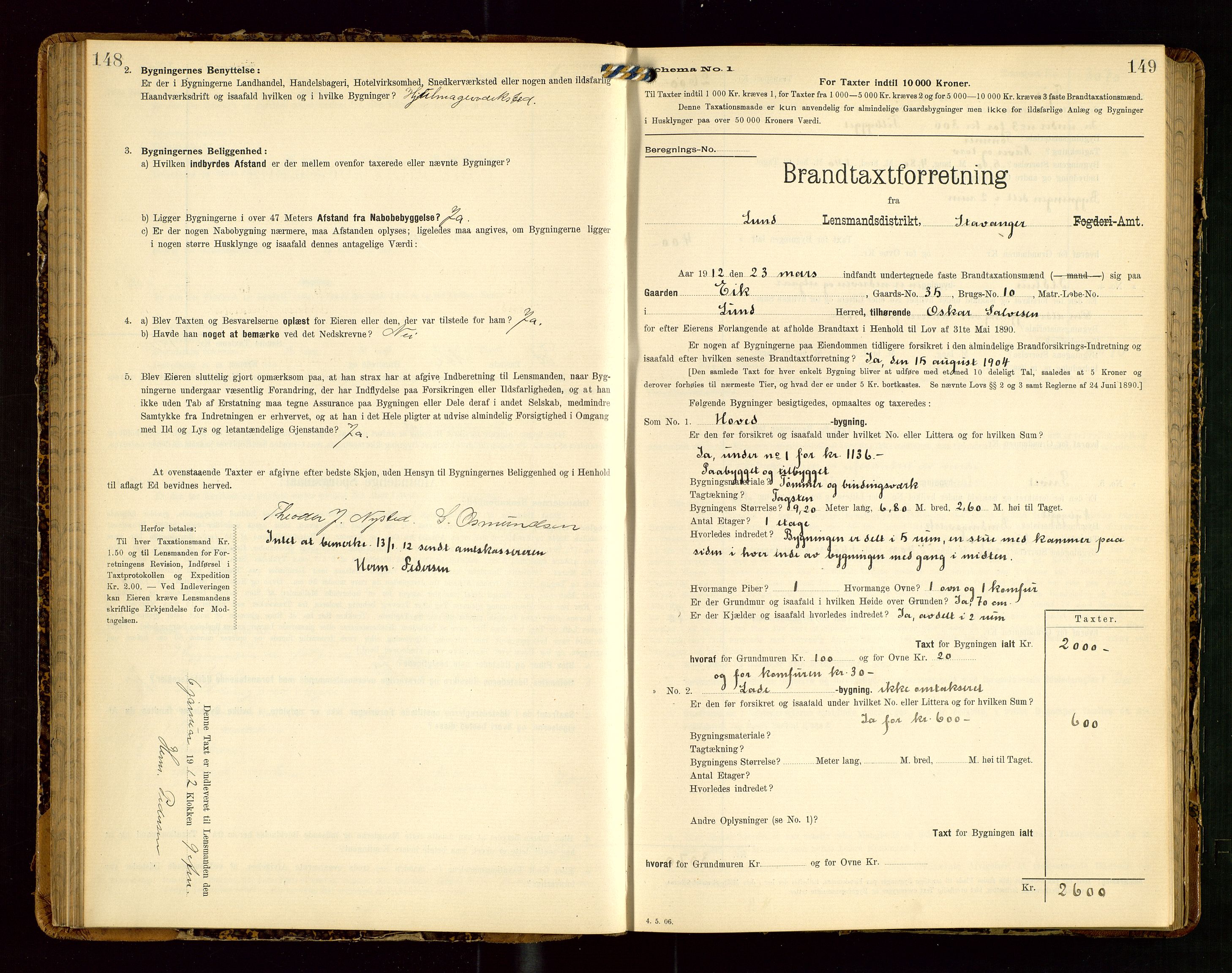 Lund lensmannskontor, SAST/A-100303/Gob/L0002: "Brandtakstprotokol", 1908-1918, p. 148-149
