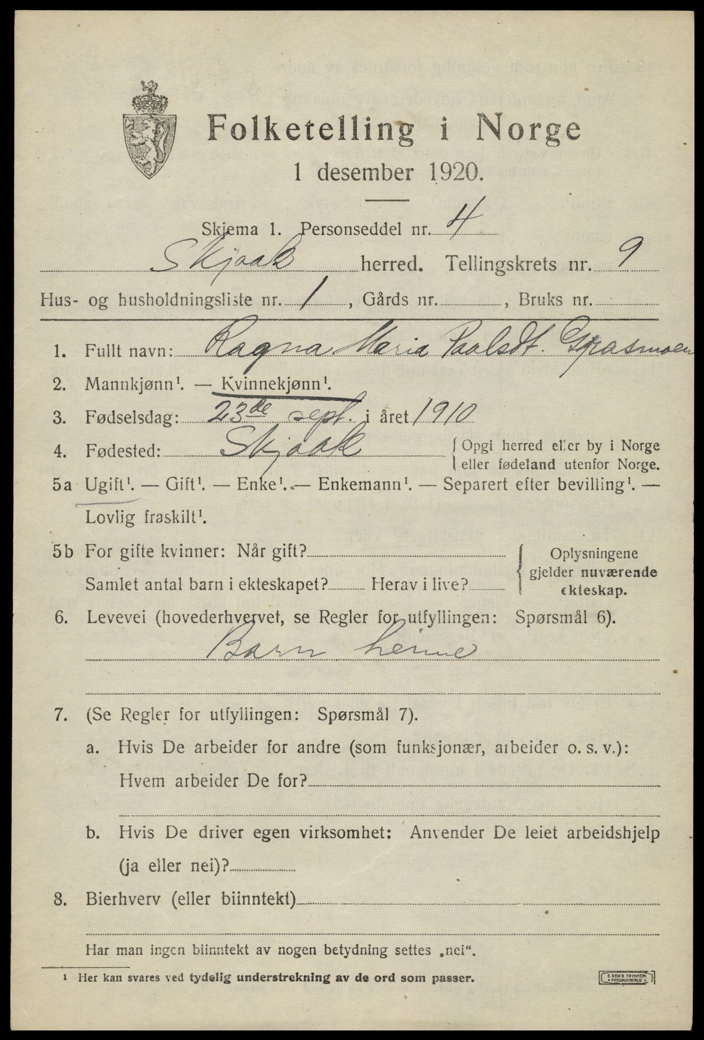 SAH, 1920 census for Skjåk, 1920, p. 4272