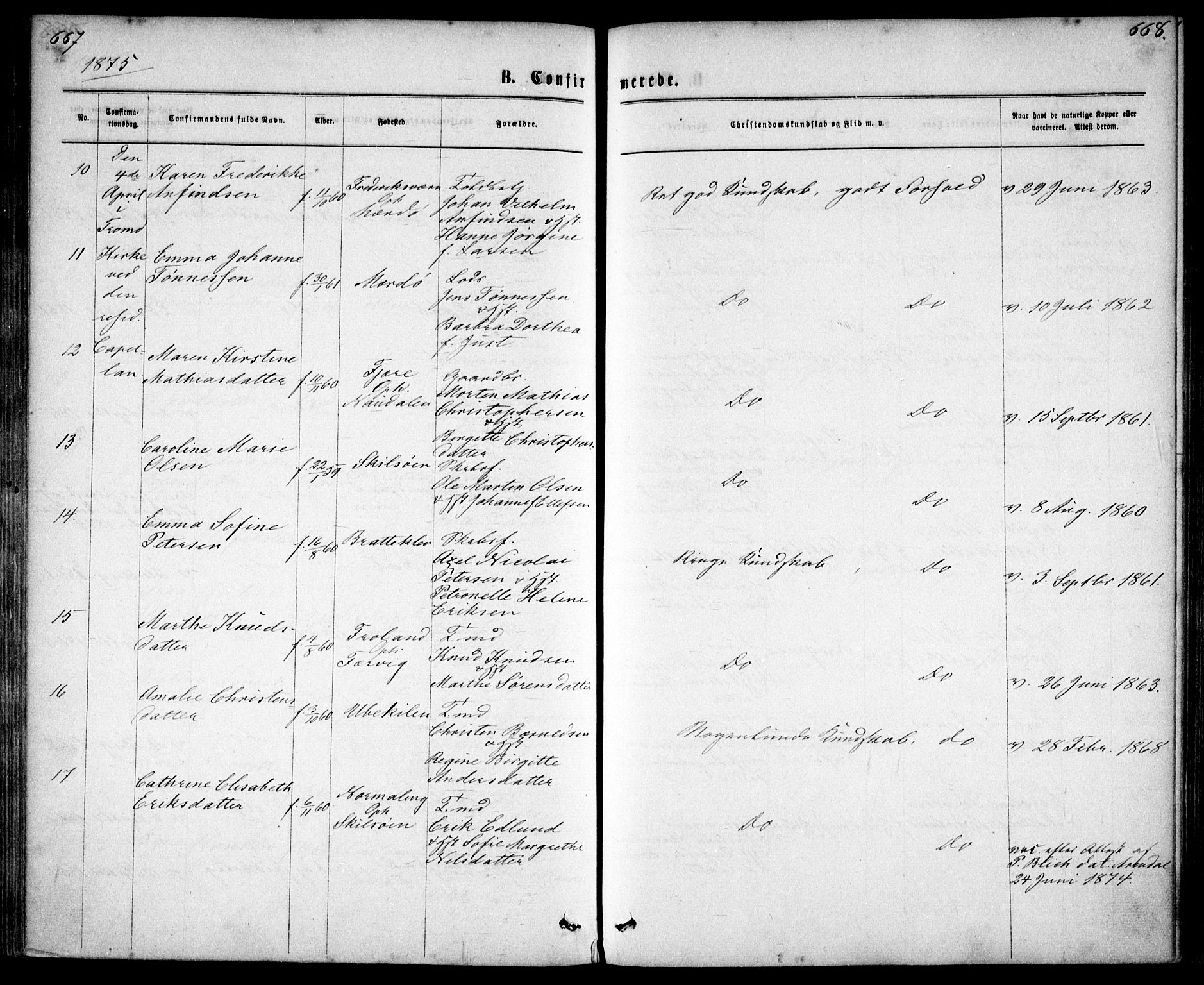 Tromøy sokneprestkontor, AV/SAK-1111-0041/F/Fa/L0008: Parish register (official) no. A 8, 1870-1877, p. 667-668