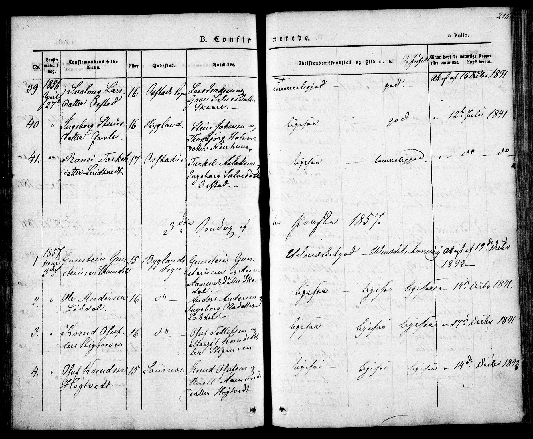 Bygland sokneprestkontor, SAK/1111-0006/F/Fa/Fab/L0004: Parish register (official) no. A 4, 1842-1858, p. 215