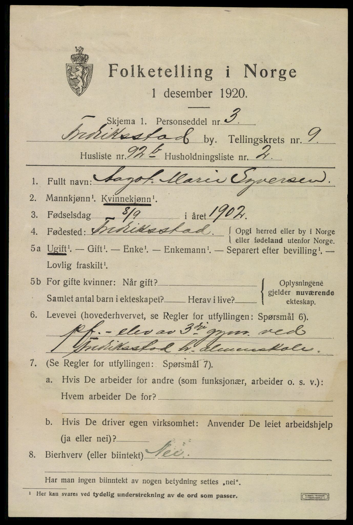 SAO, 1920 census for Fredrikstad, 1920, p. 26715