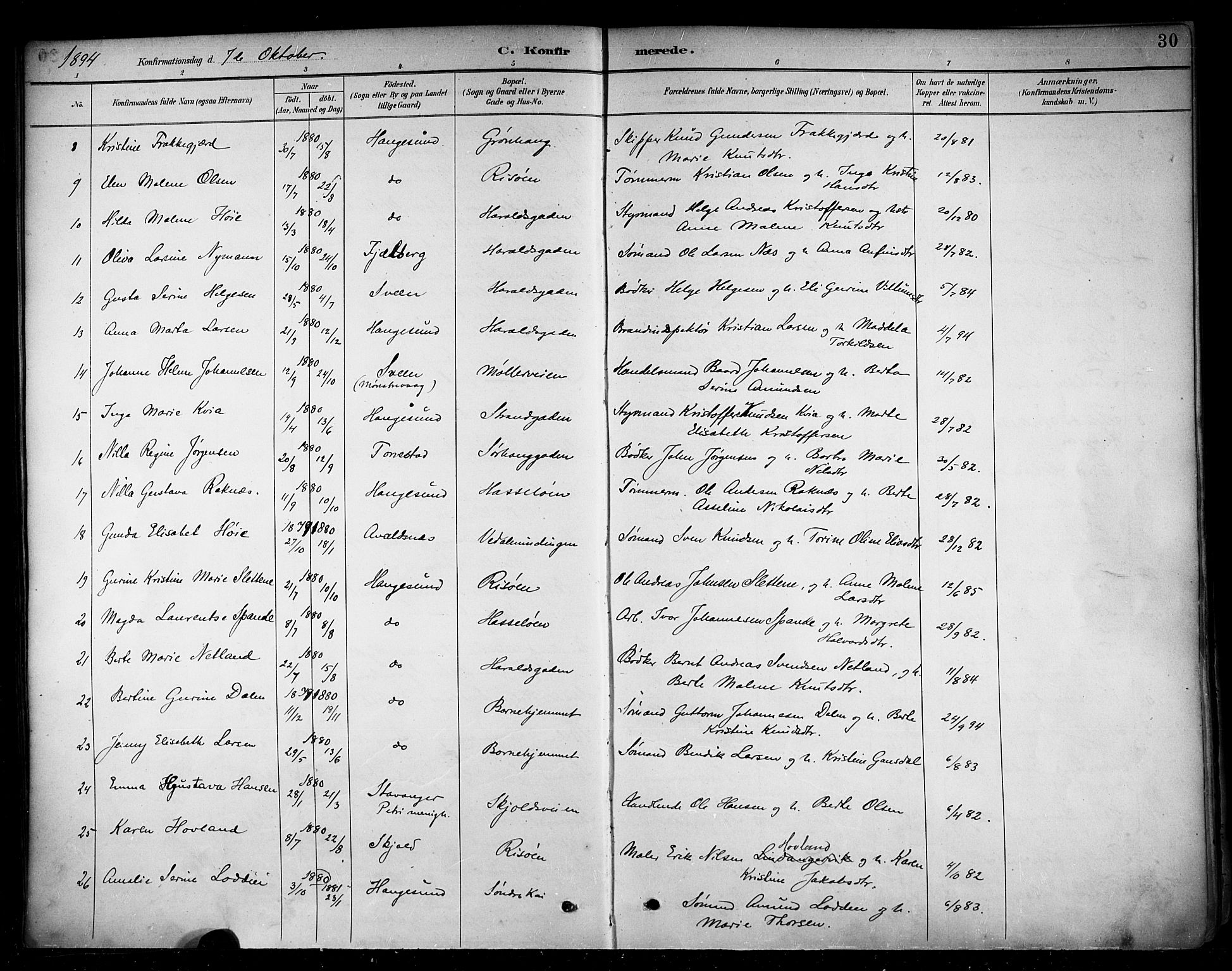 Haugesund sokneprestkontor, AV/SAST-A -101863/H/Ha/Haa/L0005: Parish register (official) no. A 5, 1891-1903, p. 30