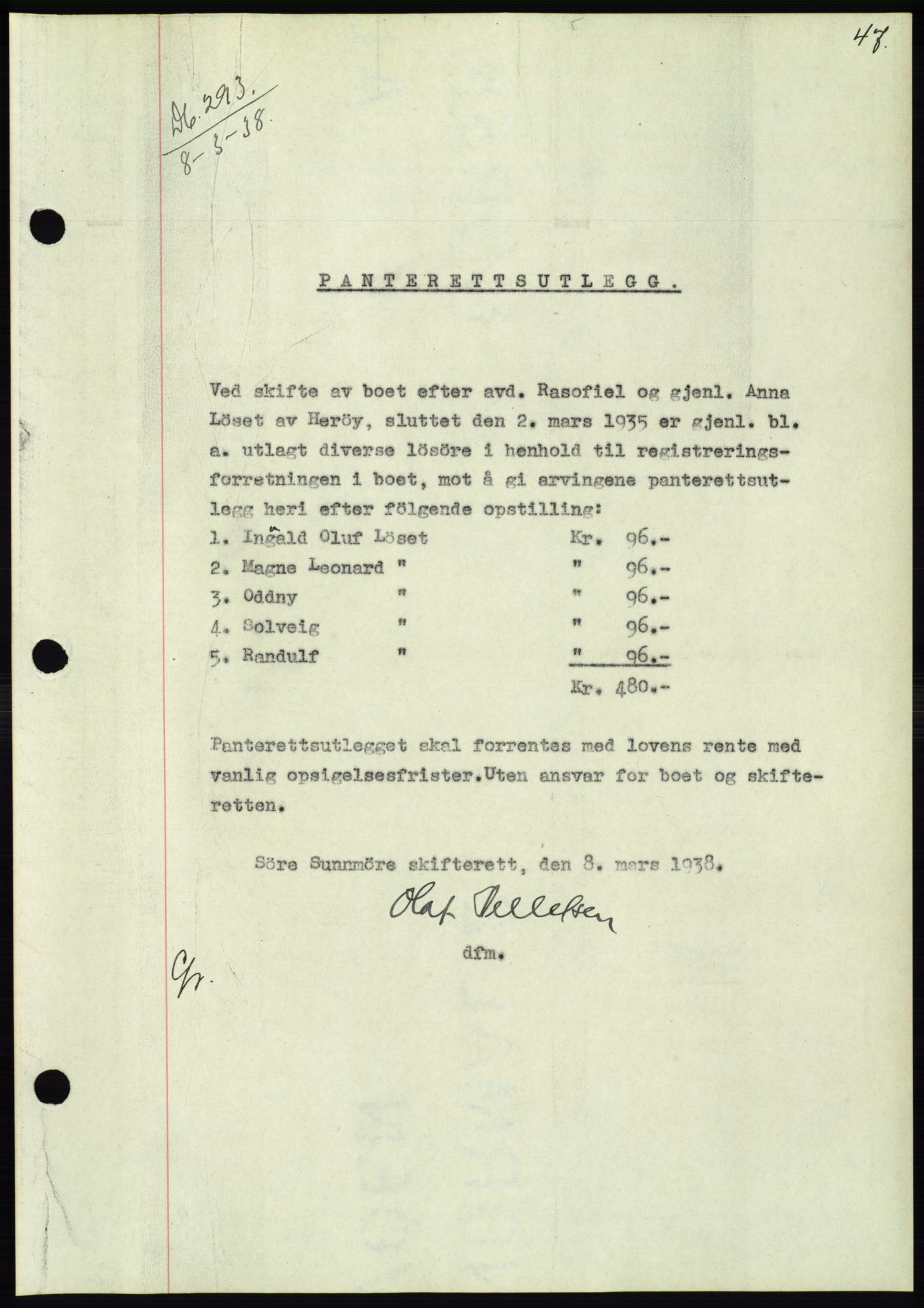 Søre Sunnmøre sorenskriveri, AV/SAT-A-4122/1/2/2C/L0065: Mortgage book no. 59, 1938-1938, Diary no: : 293/1938