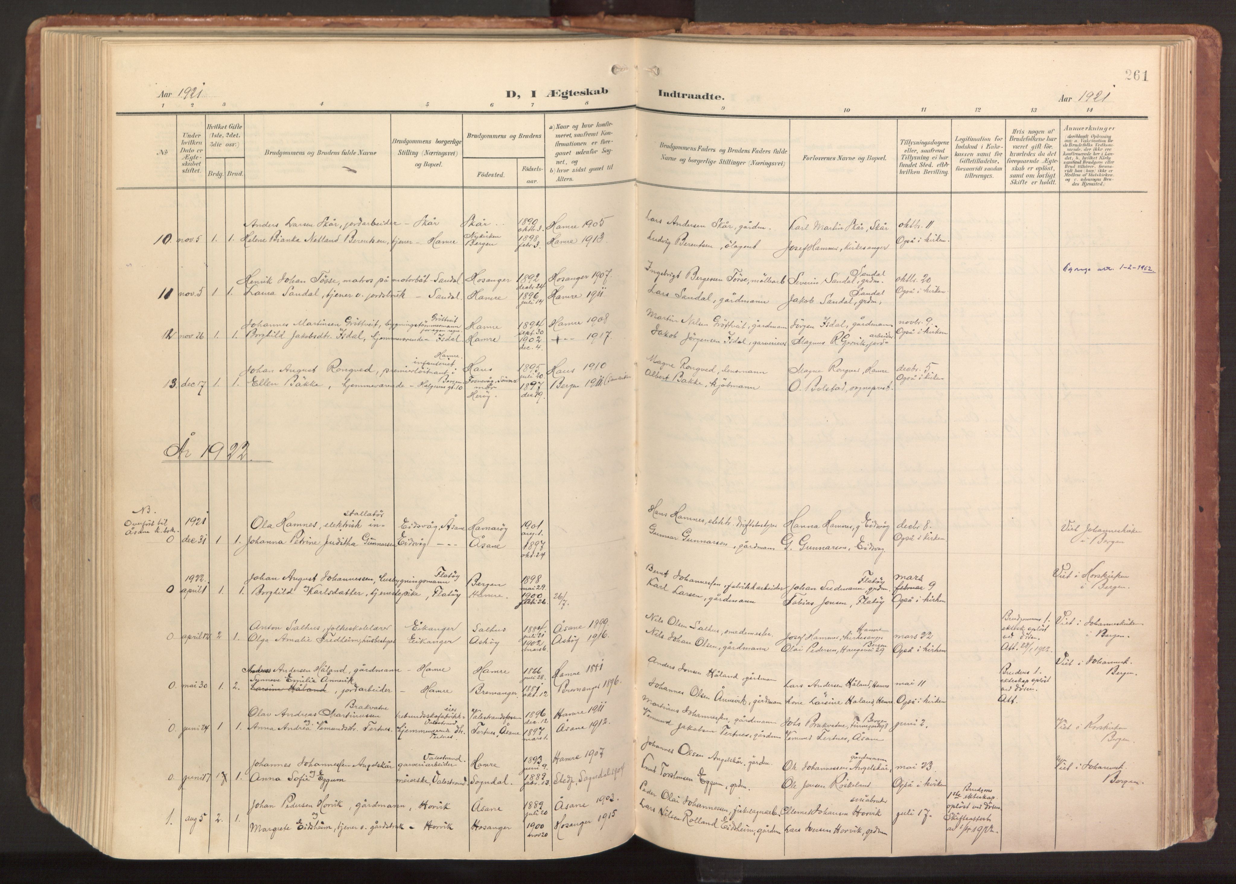 Hamre sokneprestembete, AV/SAB-A-75501/H/Ha/Haa/Haab/L0002: Parish register (official) no. B 2, 1905-1924, p. 261