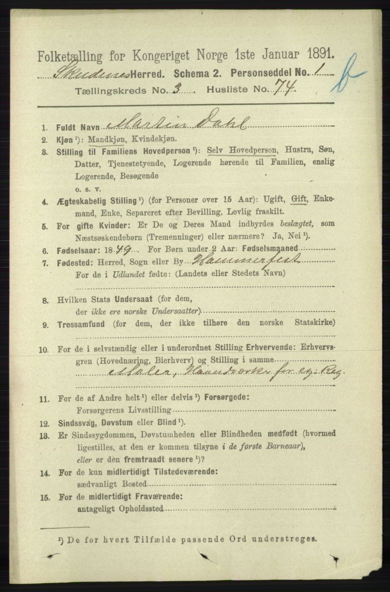 RA, 1891 census for 1150 Skudenes, 1891, p. 4384