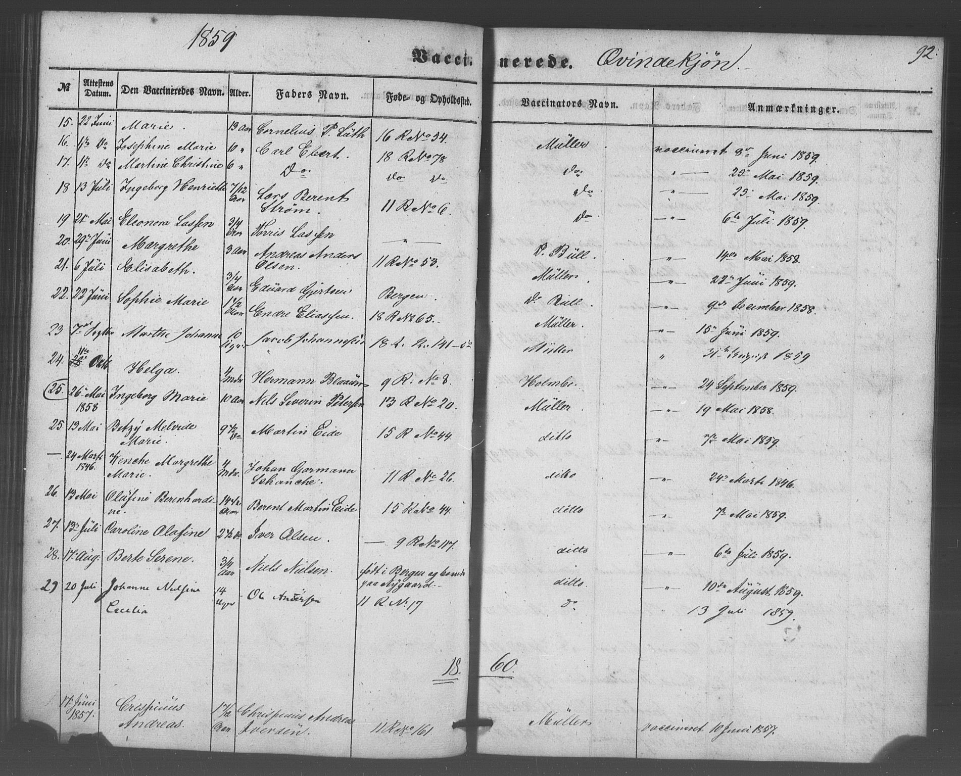 Domkirken sokneprestembete, SAB/A-74801/H/Haa/L0047: Parish register (official) no. F 2, 1852-1868, p. 92