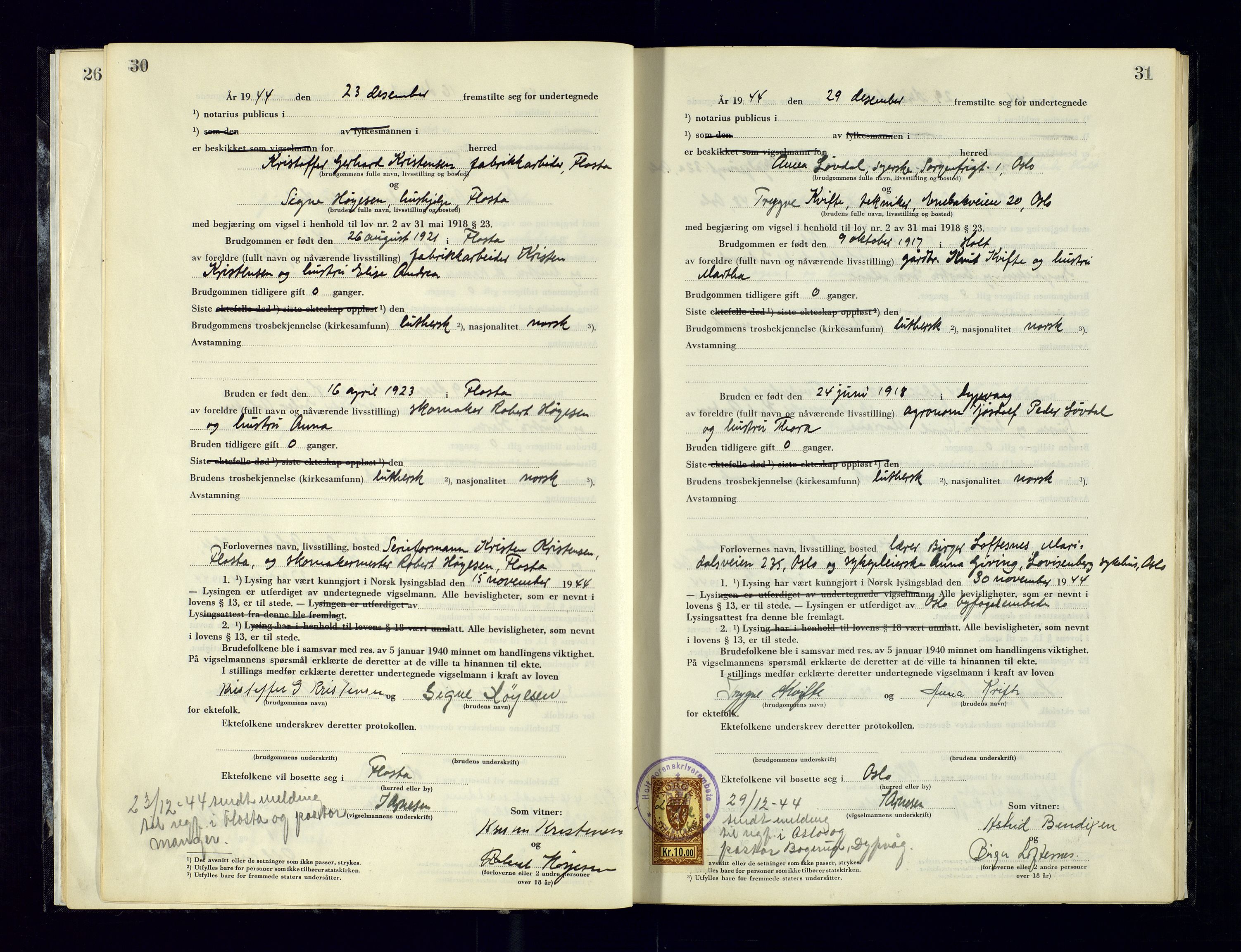 Holt sorenskriveri, AV/SAK-1221-0002/L/Ld/L0003: Vigselbok nr. 2, 1944-1964, p. 30-31