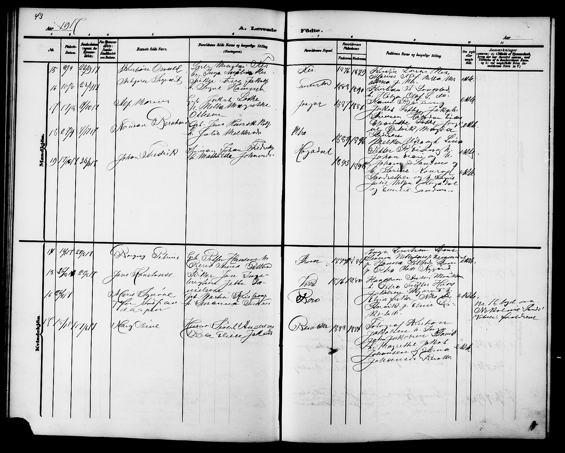 Ministerialprotokoller, klokkerbøker og fødselsregistre - Sør-Trøndelag, SAT/A-1456/657/L0717: Parish register (copy) no. 657C04, 1904-1923, p. 43