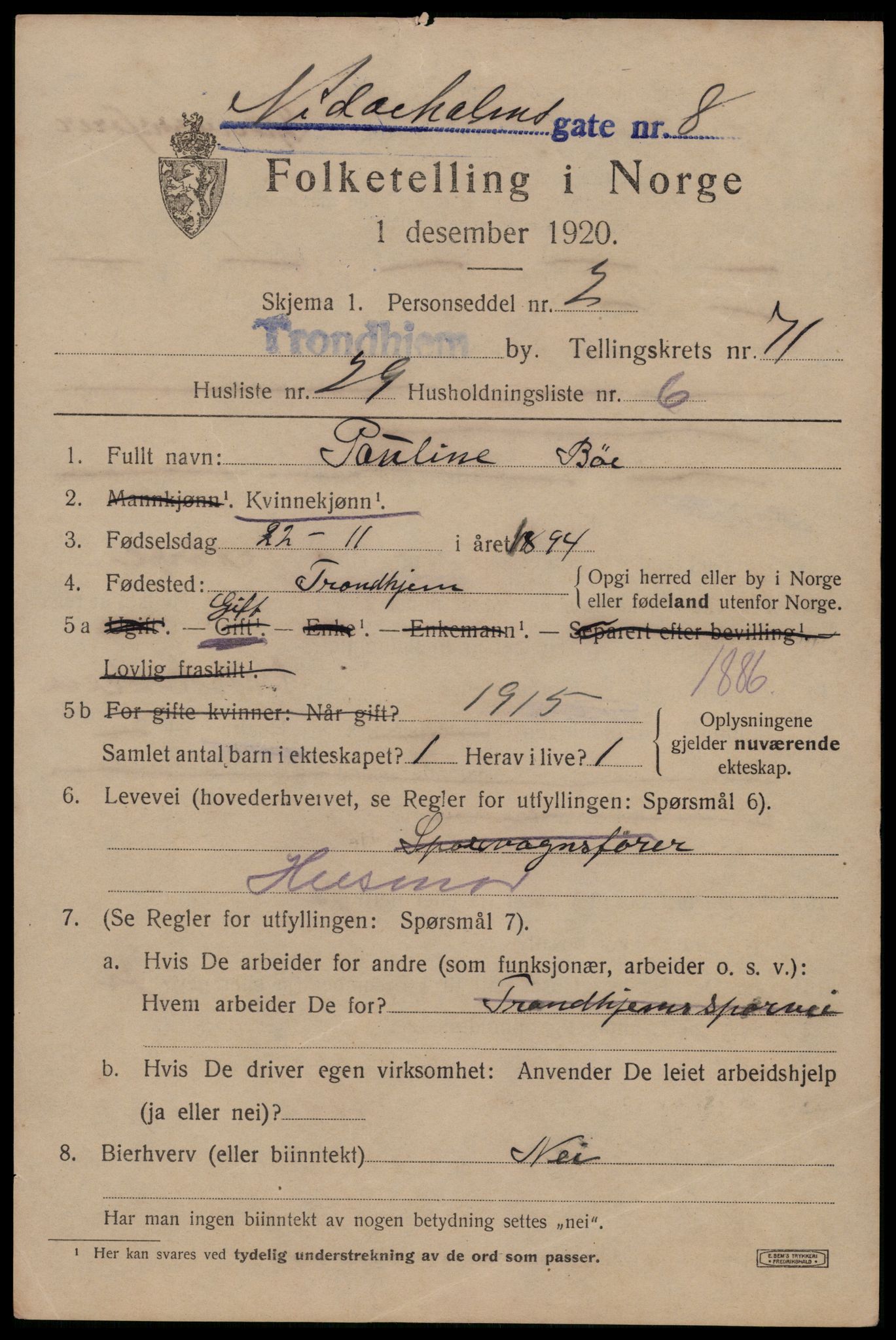 SAT, 1920 census for Trondheim, 1920, p. 141040