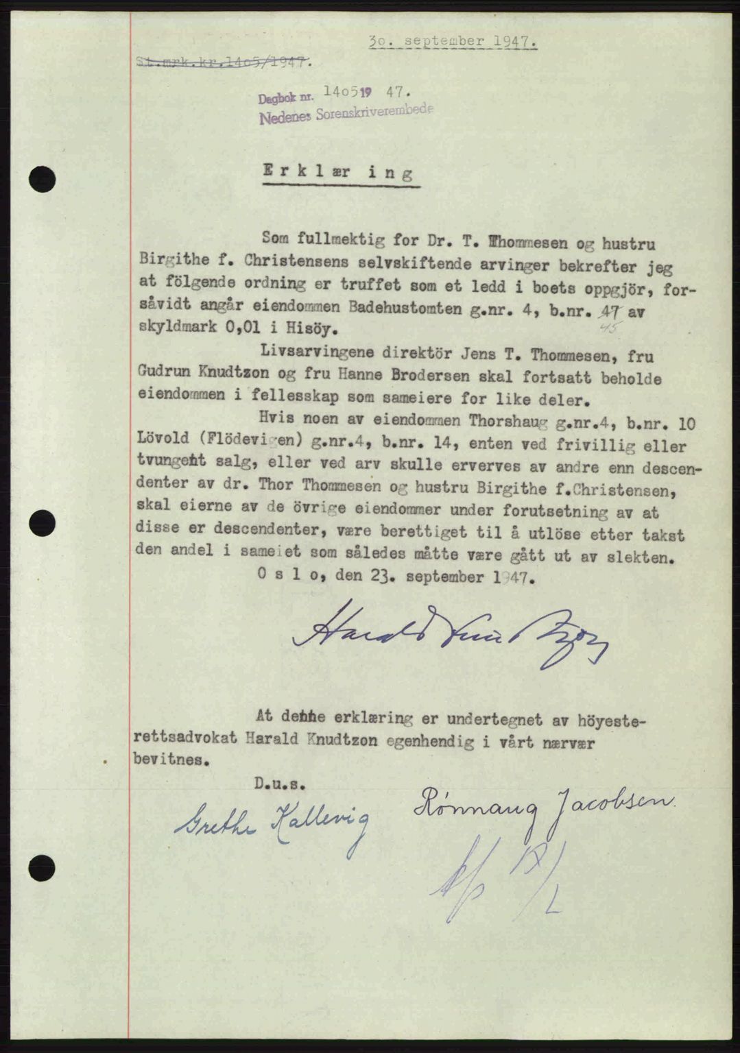 Nedenes sorenskriveri, SAK/1221-0006/G/Gb/Gba/L0058: Mortgage book no. A10, 1947-1948, Diary no: : 1405/1947