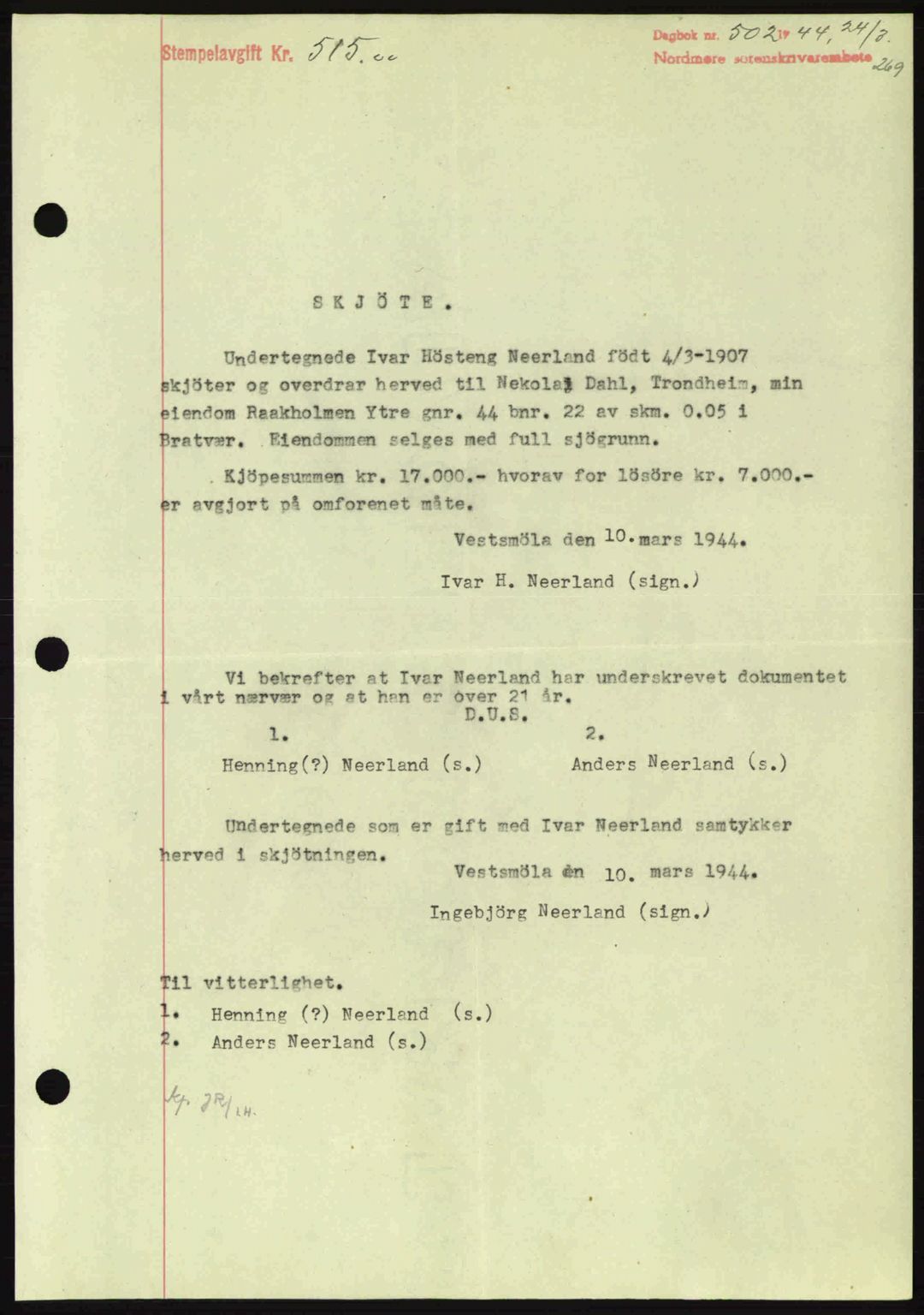 Nordmøre sorenskriveri, AV/SAT-A-4132/1/2/2Ca: Mortgage book no. A97, 1944-1944, Diary no: : 502/1944