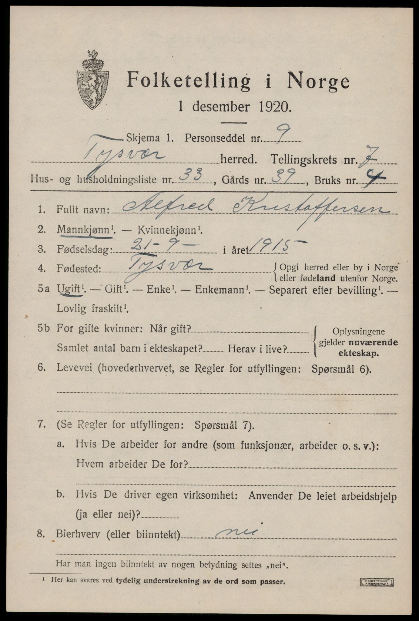 SAST, 1920 census for Tysvær, 1920, p. 2756