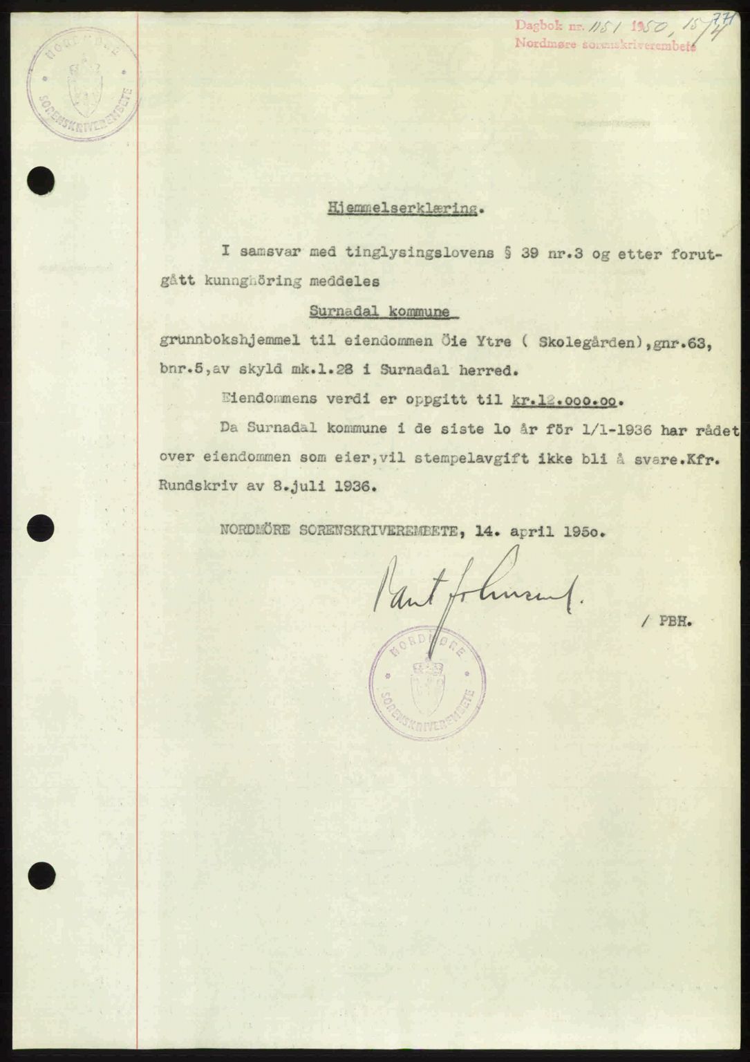 Nordmøre sorenskriveri, AV/SAT-A-4132/1/2/2Ca: Mortgage book no. A114, 1950-1950, Diary no: : 1151/1950