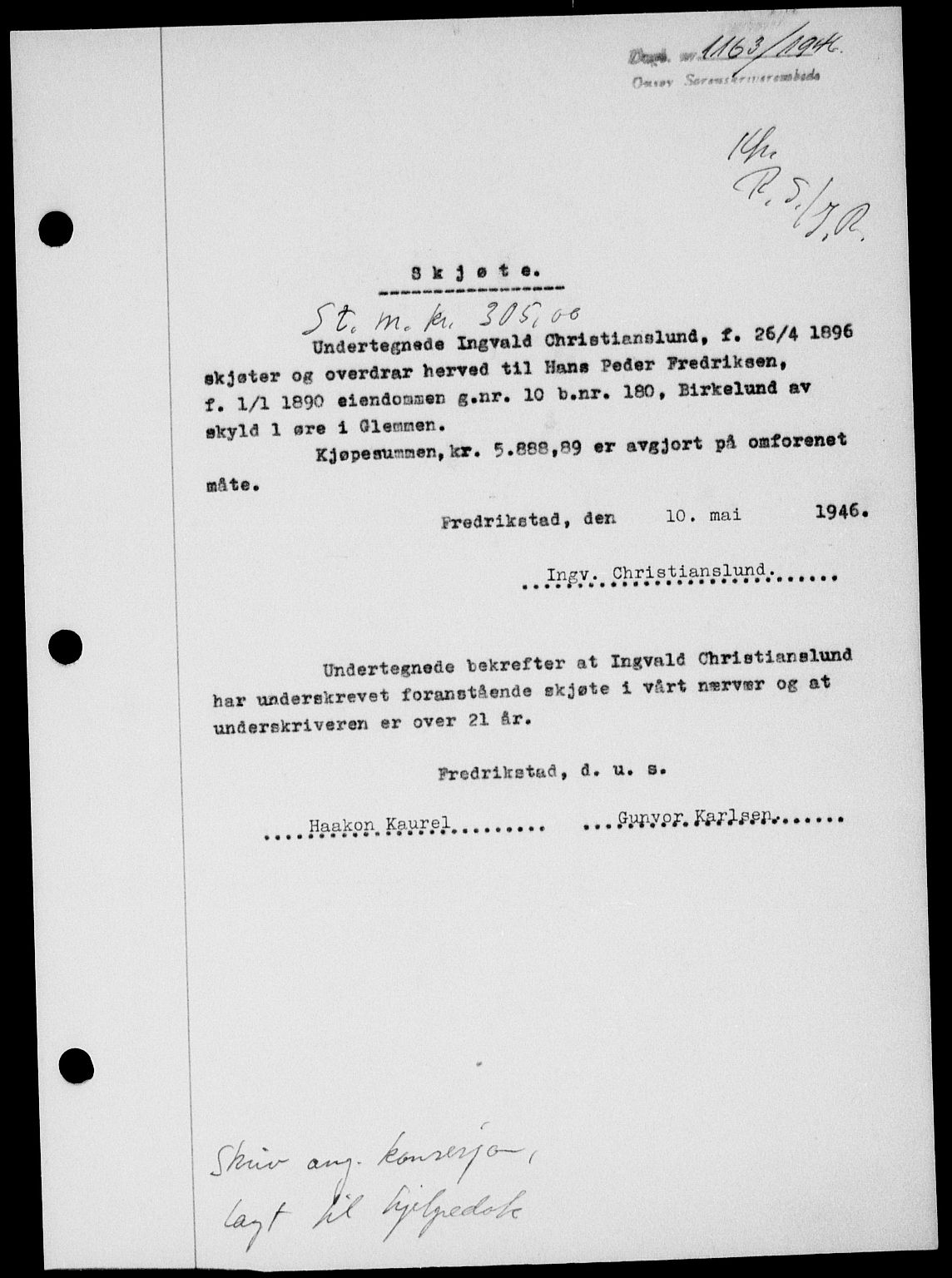 Onsøy sorenskriveri, SAO/A-10474/G/Ga/Gab/L0016: Mortgage book no. II A-16, 1946-1946, Diary no: : 1163/1946