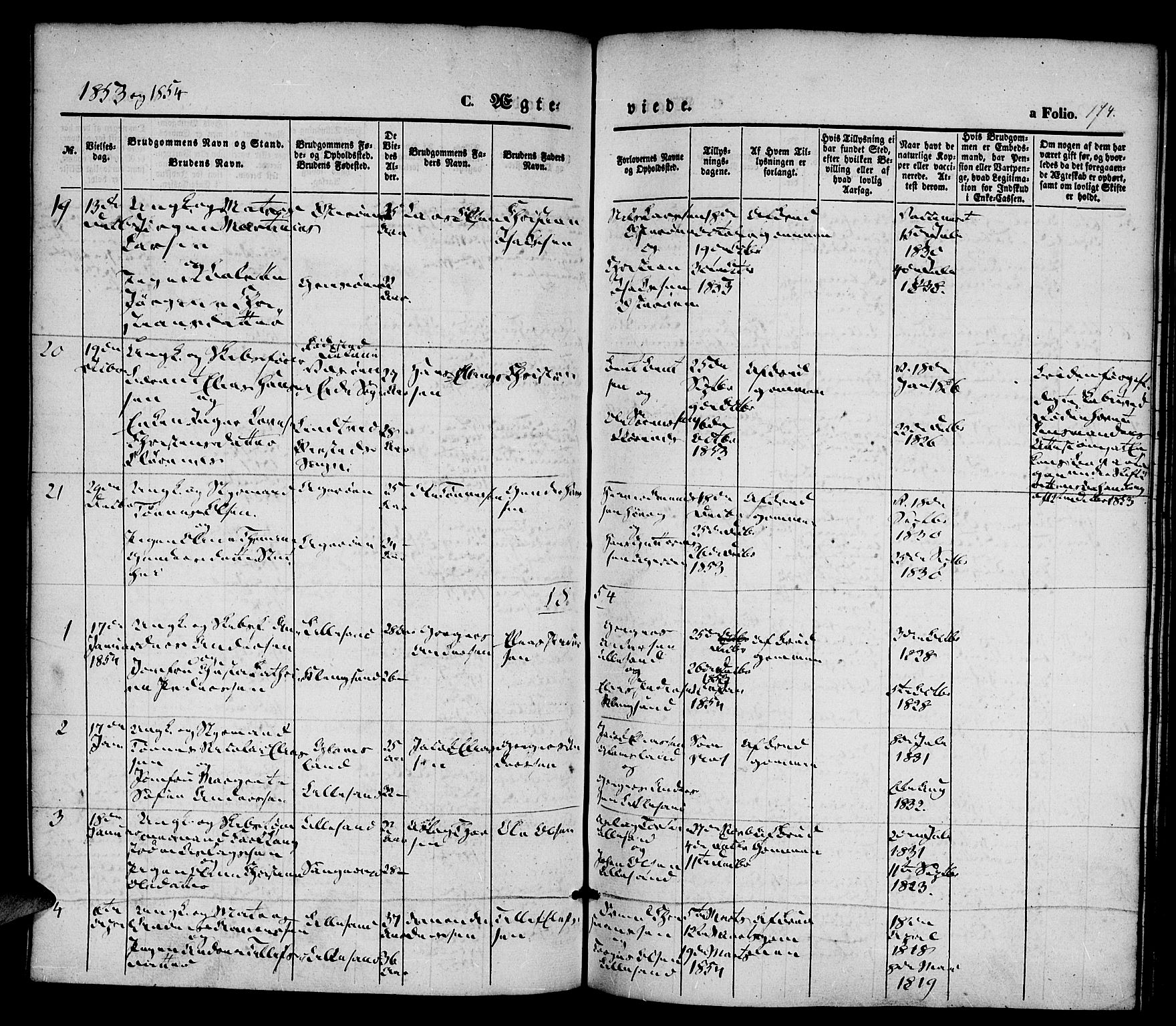 Vestre Moland sokneprestkontor, SAK/1111-0046/F/Fa/Fab/L0006: Parish register (official) no. A 6, 1850-1858, p. 174
