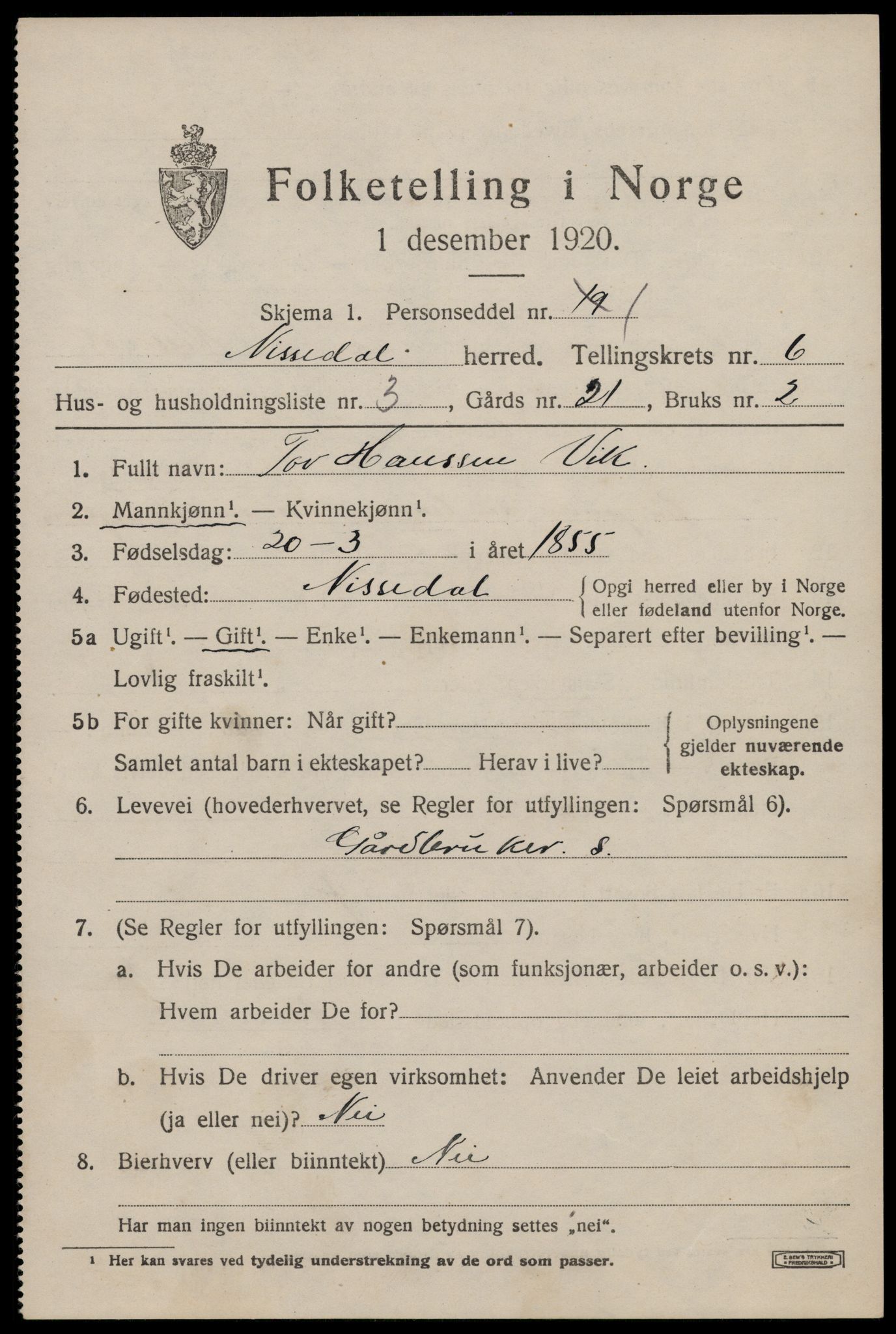 SAKO, 1920 census for Nissedal, 1920, p. 2307