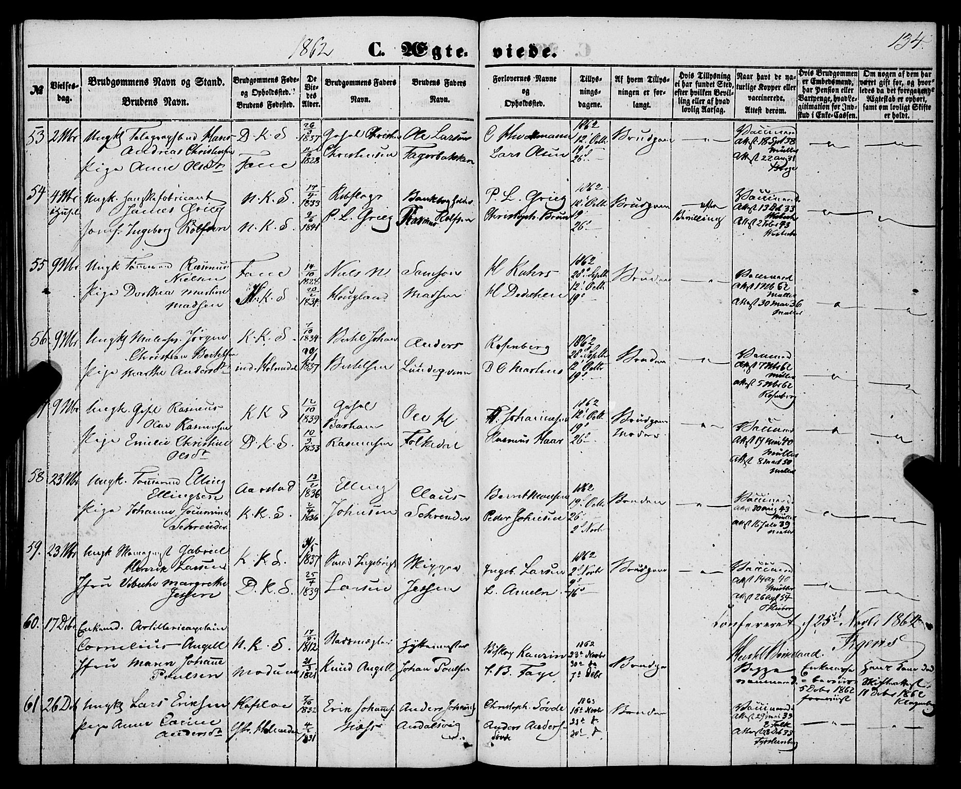 Korskirken sokneprestembete, SAB/A-76101/H/Haa/L0035: Parish register (official) no. D 2, 1852-1867, p. 134