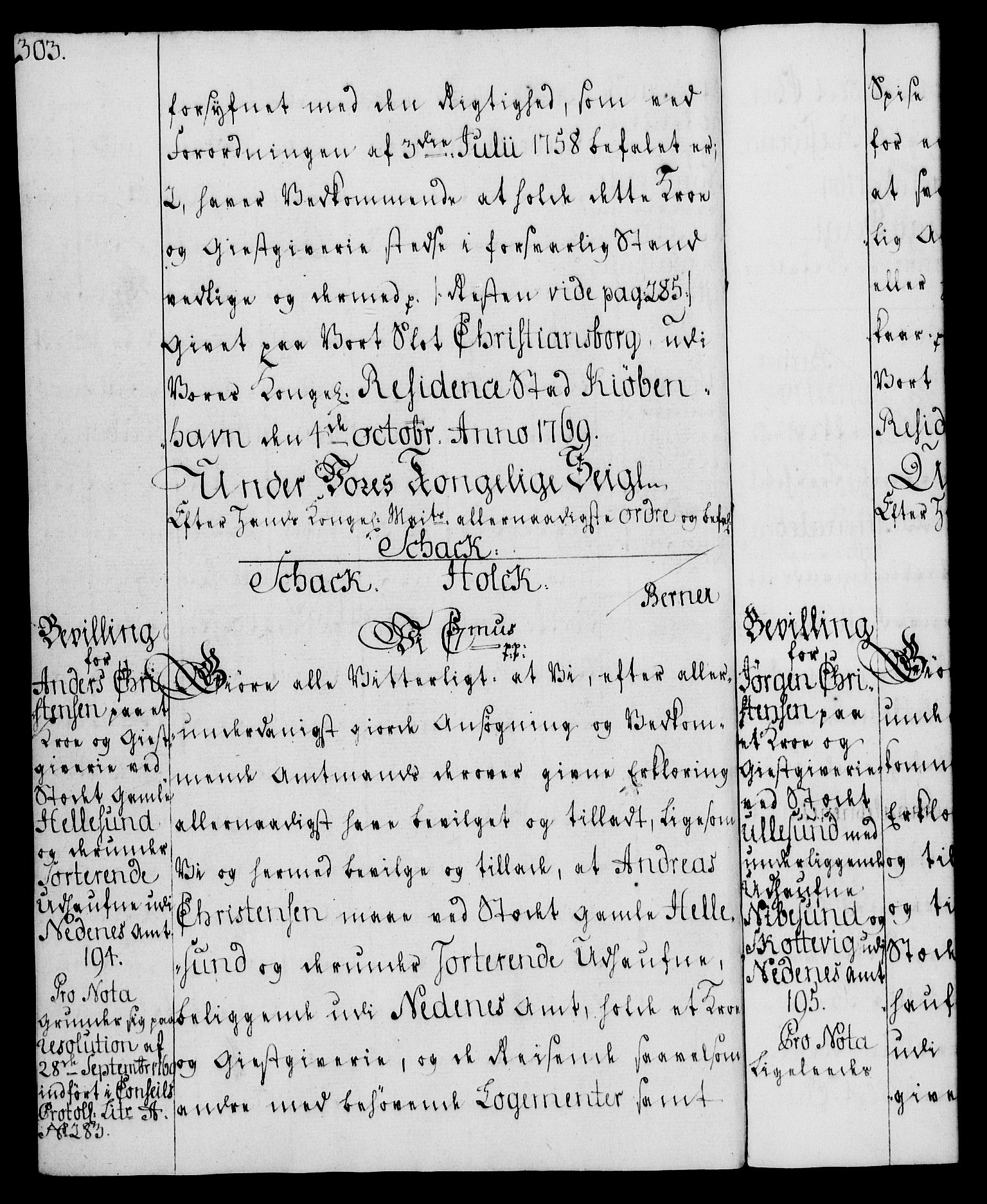 Rentekammeret, Kammerkanselliet, AV/RA-EA-3111/G/Gg/Gga/L0008: Norsk ekspedisjonsprotokoll med register (merket RK 53.8), 1768-1771, p. 303