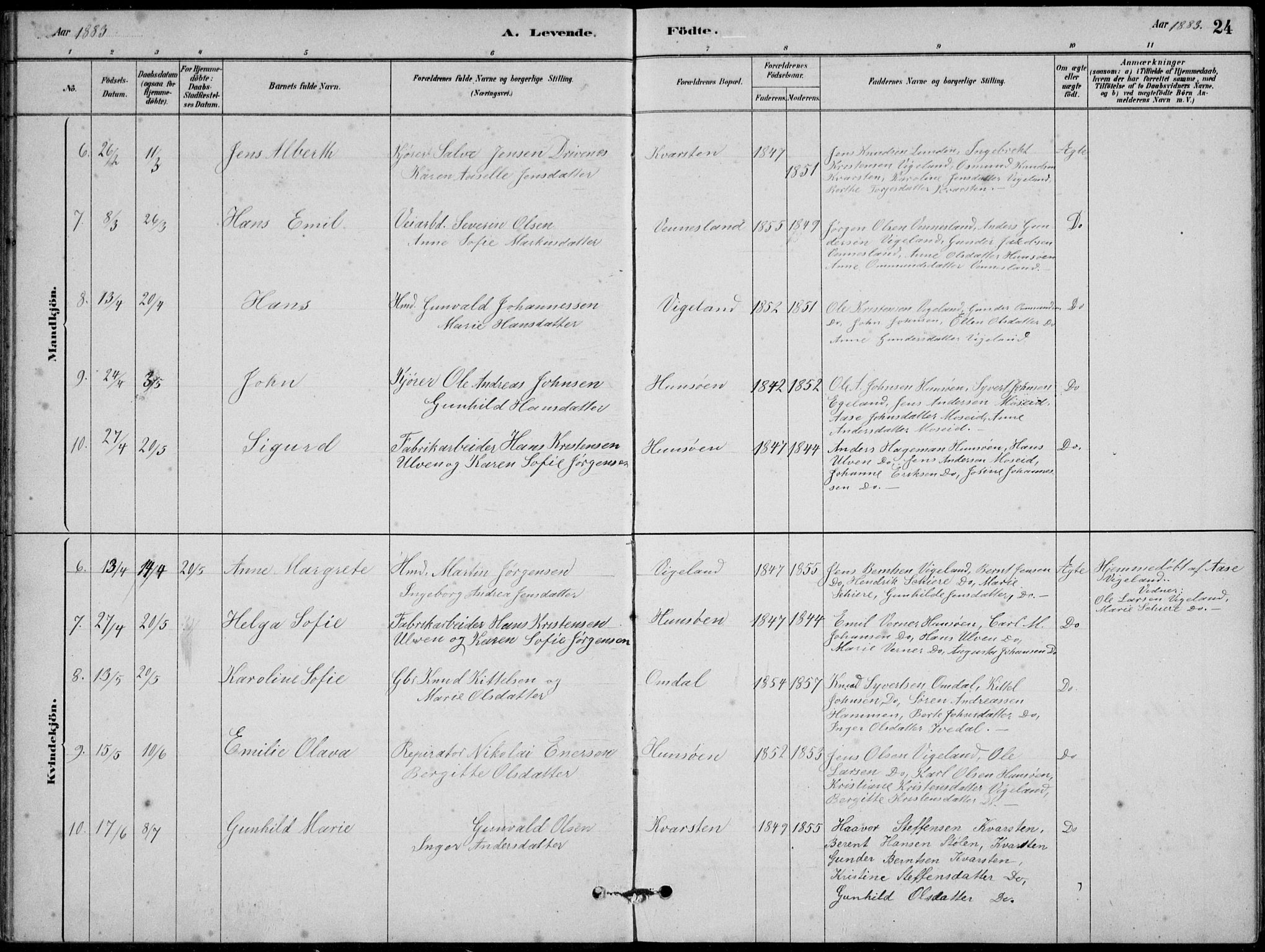 Vennesla sokneprestkontor, AV/SAK-1111-0045/Fb/Fbb/L0003: Parish register (copy) no. B 3, 1879-1893, p. 24