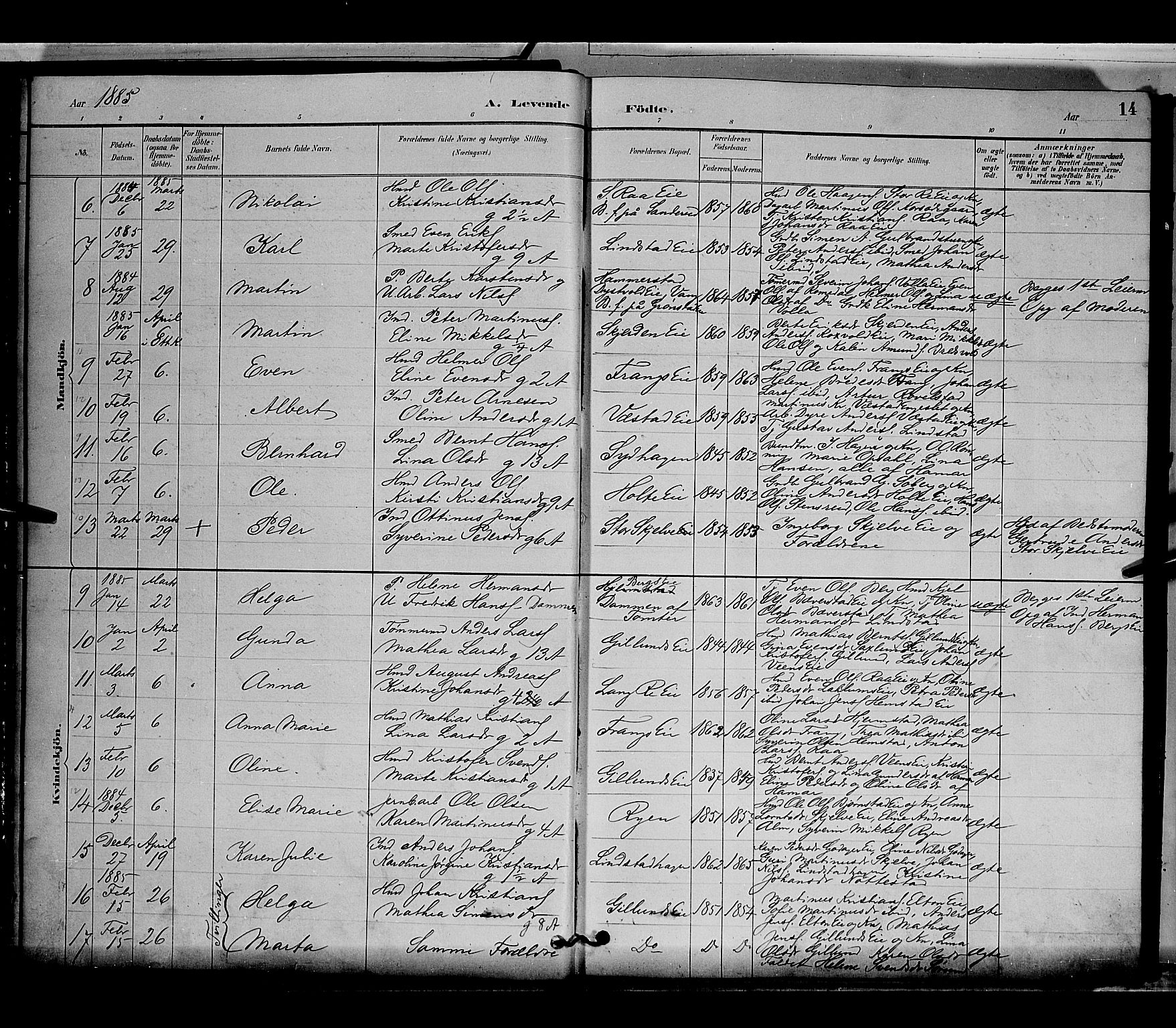 Stange prestekontor, AV/SAH-PREST-002/L/L0009: Parish register (copy) no. 9, 1883-1899, p. 14