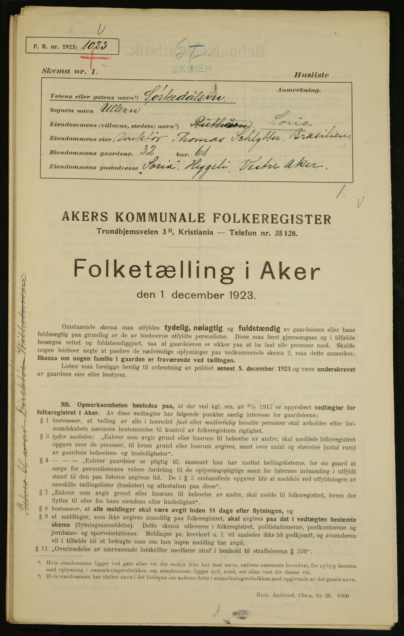 , Municipal Census 1923 for Aker, 1923, p. 6233