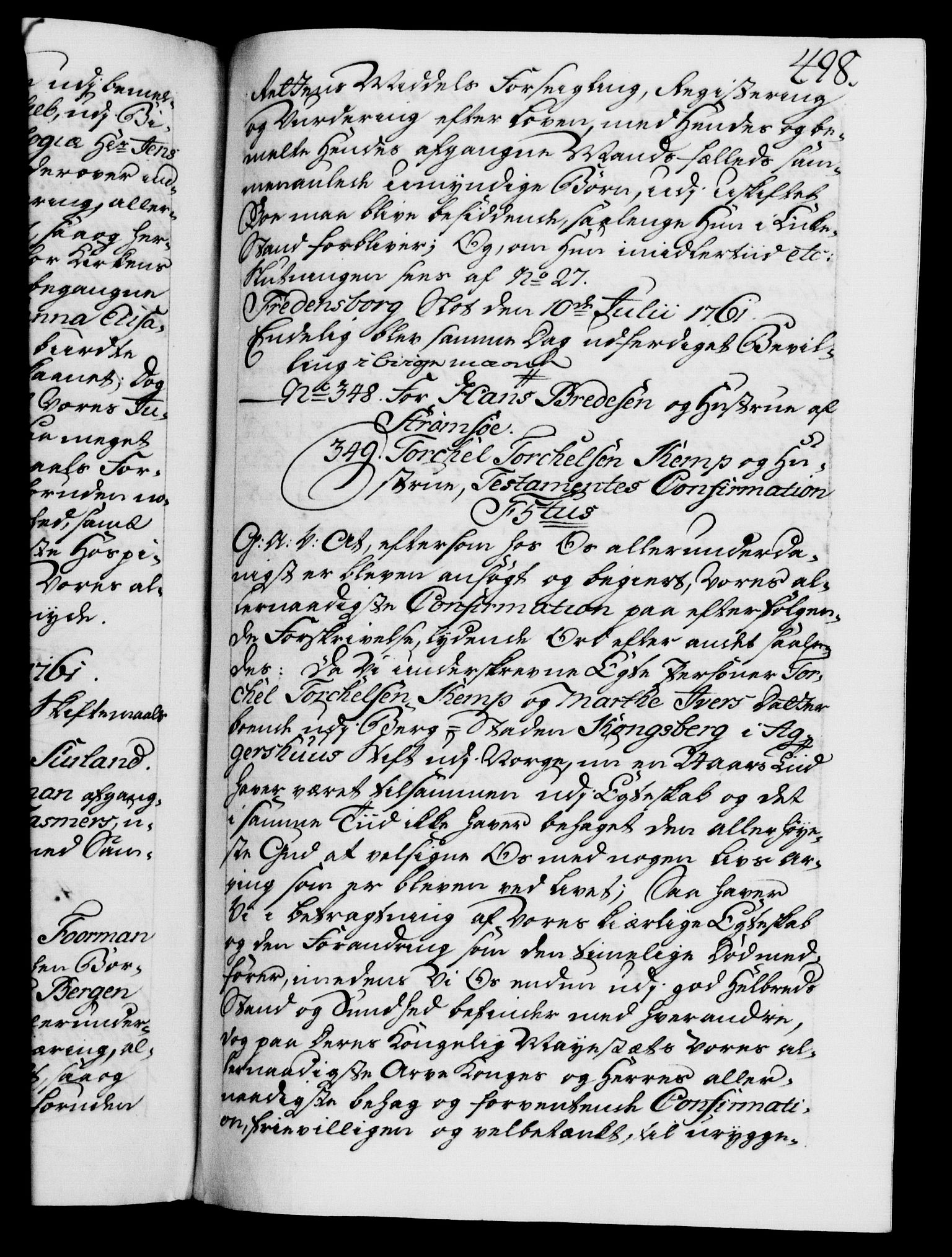 Danske Kanselli 1572-1799, AV/RA-EA-3023/F/Fc/Fca/Fcaa/L0041: Norske registre, 1760-1762, p. 498a