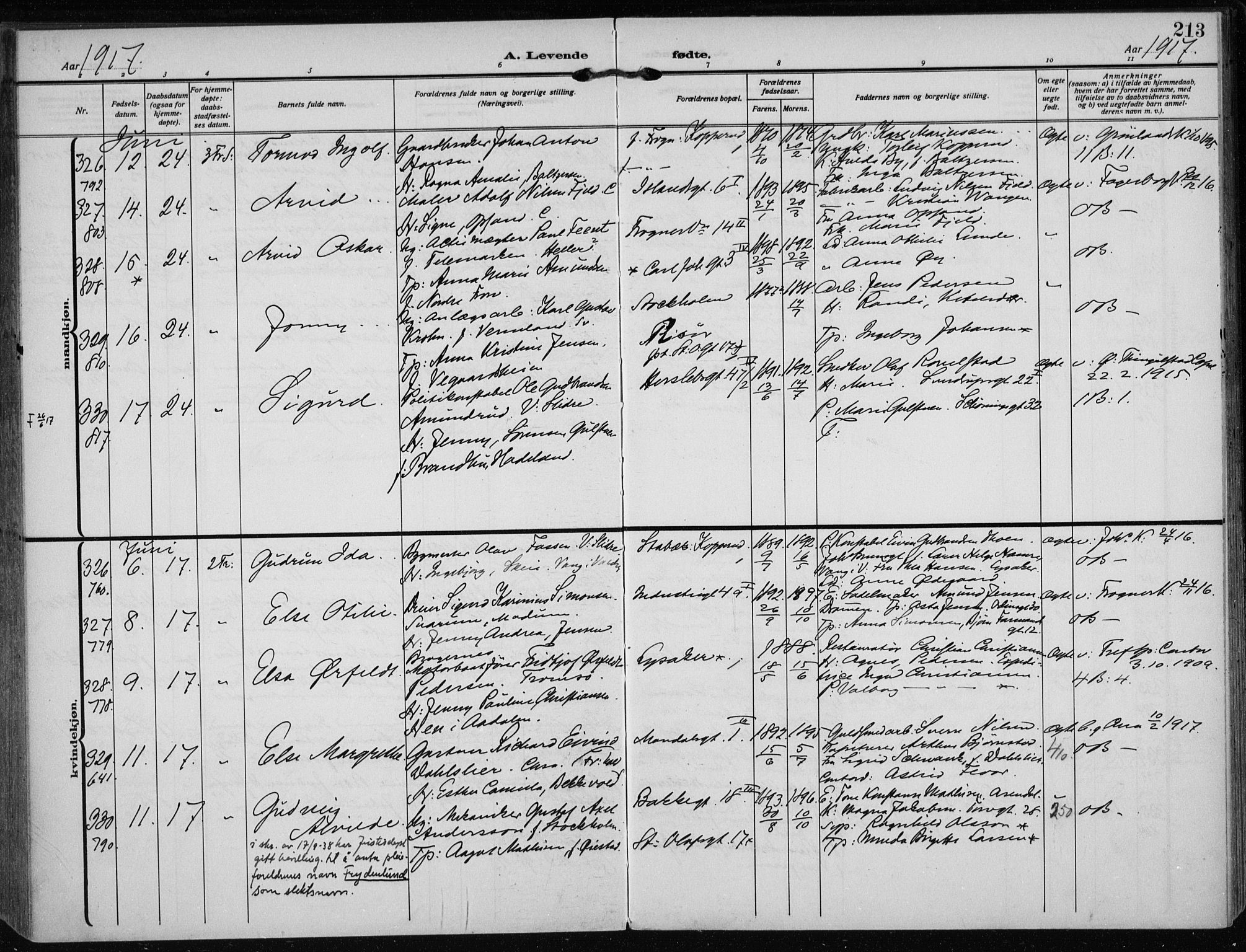 Rikshospitalet prestekontor Kirkebøker, SAO/A-10309b/F/L0016: Parish register (official) no. 16, 1916-1918, p. 213