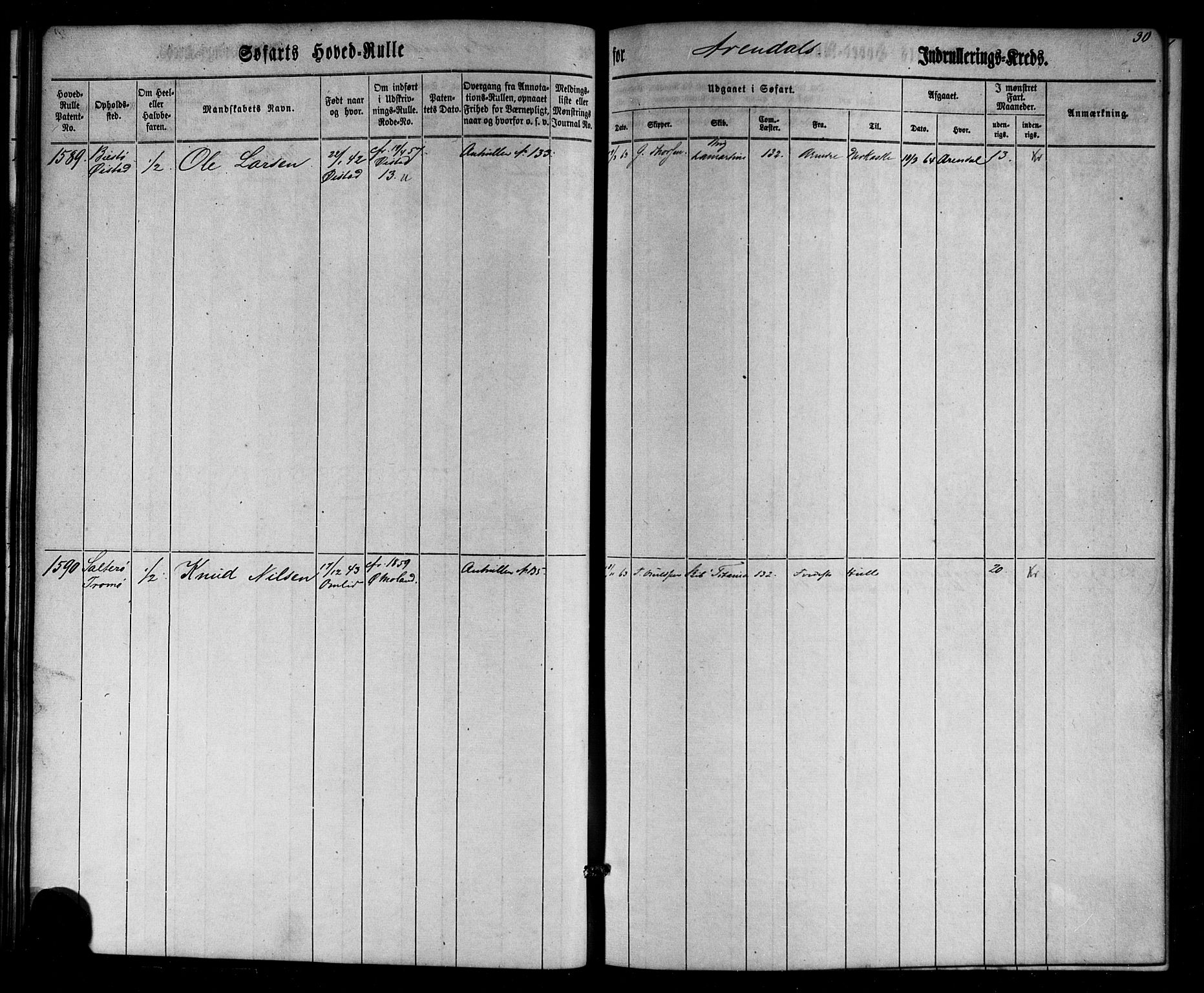 Arendal mønstringskrets, AV/SAK-2031-0012/F/Fb/L0002: Hovedrulle nr 1533-1724 uten register, E-3, 1863-1864, p. 30