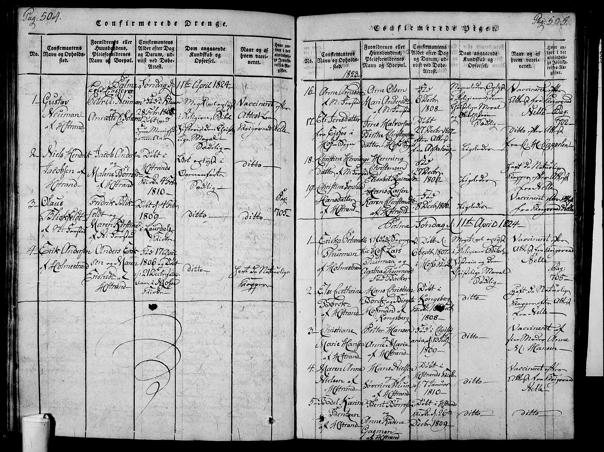 Holmestrand kirkebøker, AV/SAKO-A-346/F/Fa/L0001: Parish register (official) no. 1, 1814-1840, p. 504-505