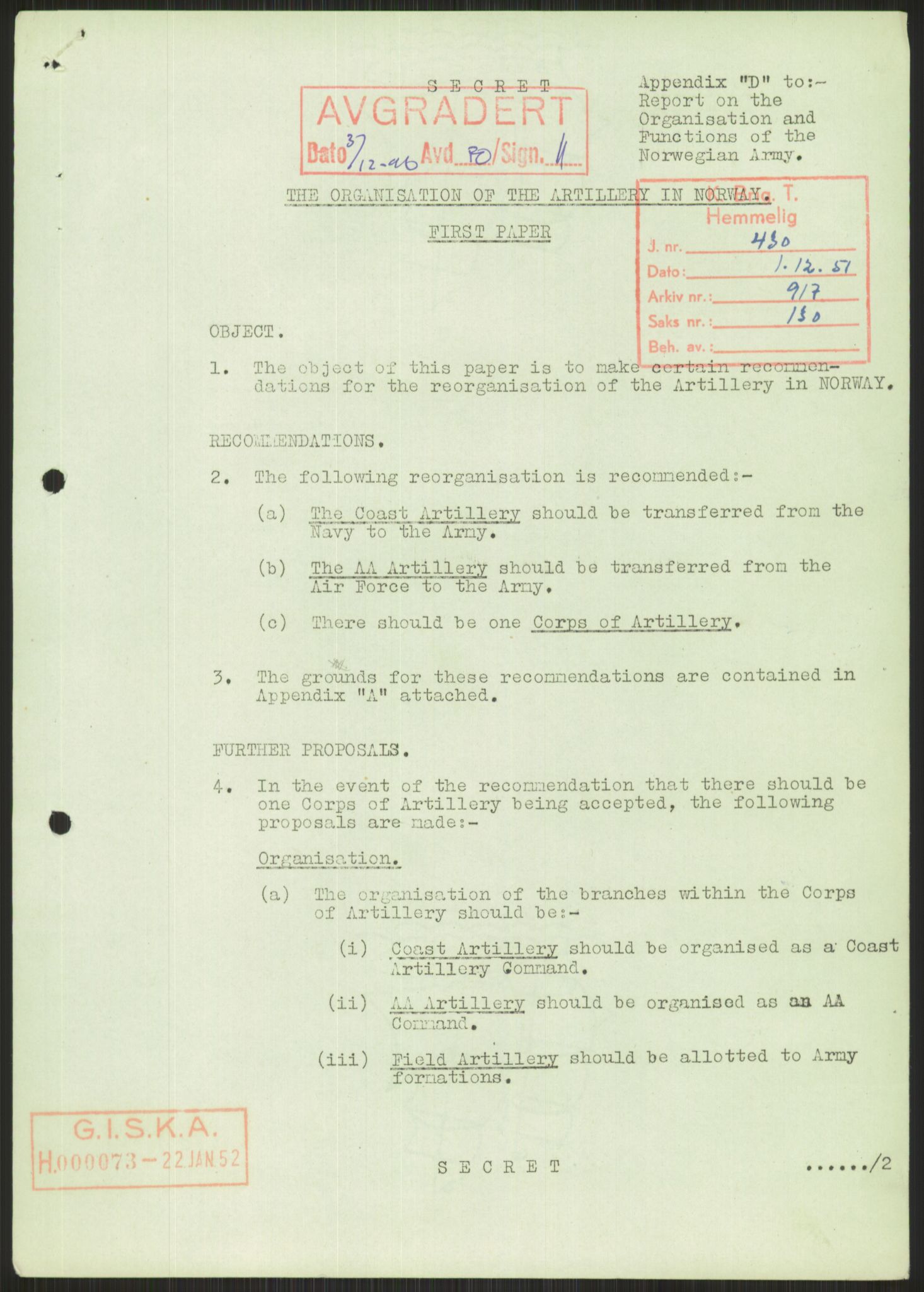 Forsvaret, Generalinspektør og sjefen for Kystartilleriet, AV/RA-RAFA-2045/D/Da/L0028: ORGANISASJON, 1952, p. 5