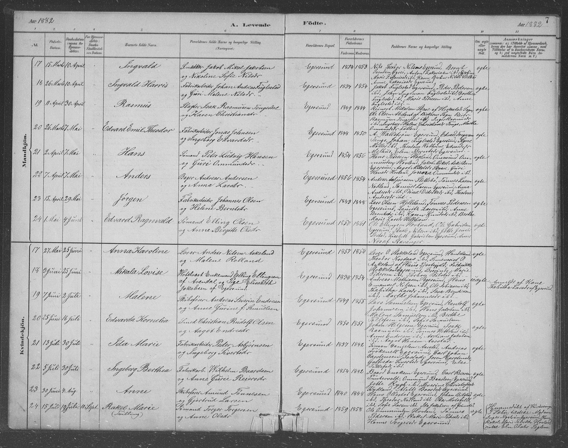 Eigersund sokneprestkontor, AV/SAST-A-101807/S09/L0008: Parish register (copy) no. B 8, 1882-1892, p. 7