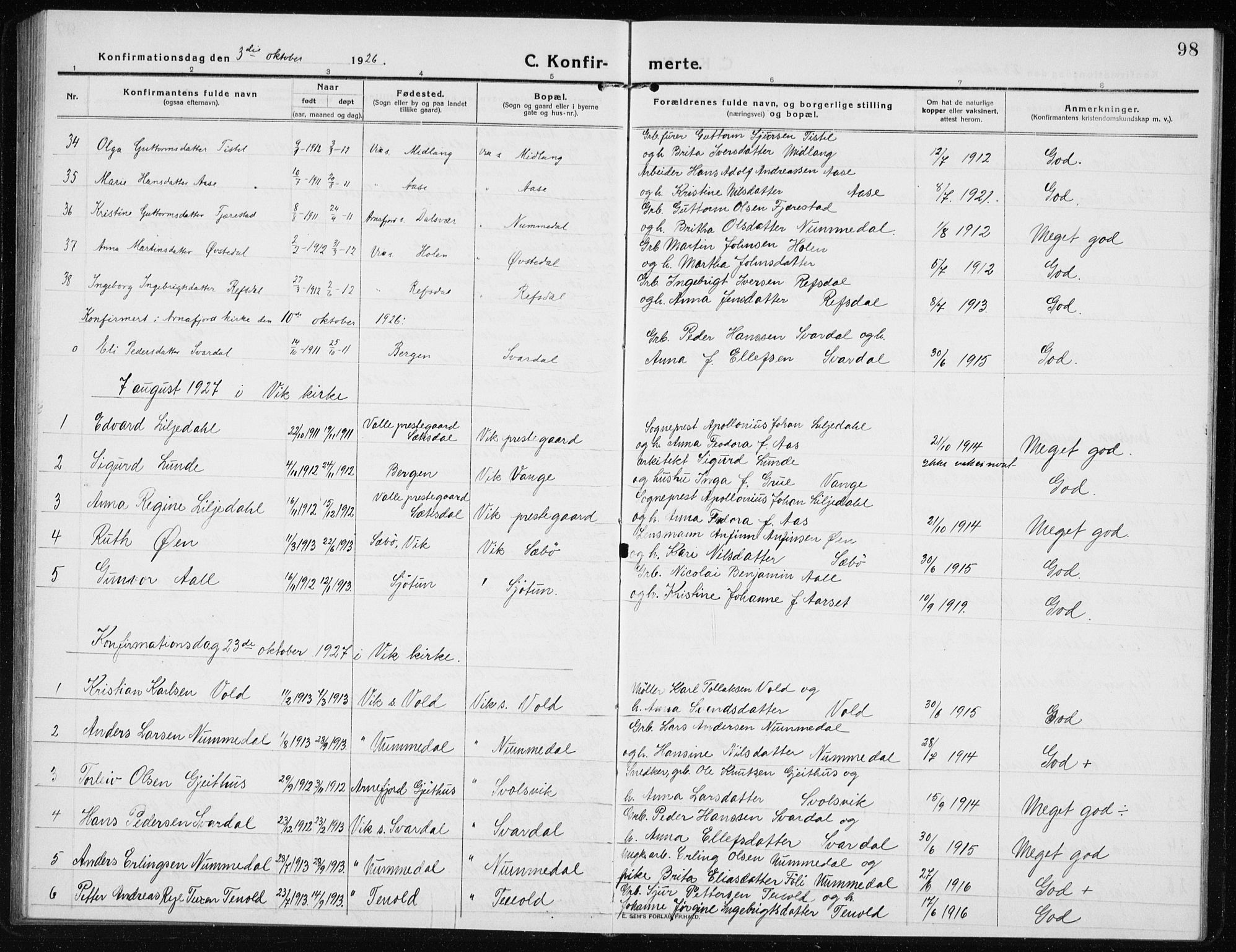 Vik sokneprestembete, SAB/A-81501: Parish register (copy) no. A 5, 1915-1935, p. 98